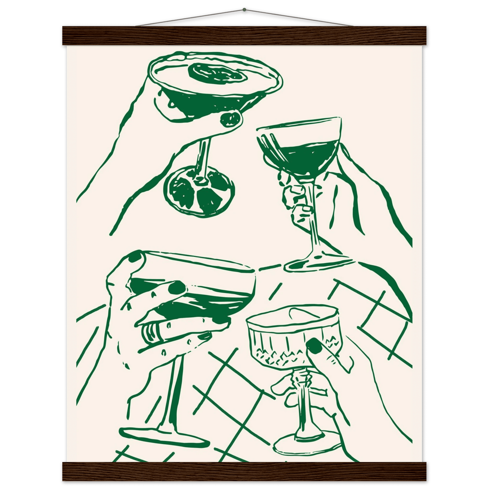 Cheers Print | Forest Green Cocktail Glasses Wall Art | Kitchen Bar Poster - Evergreen Posters