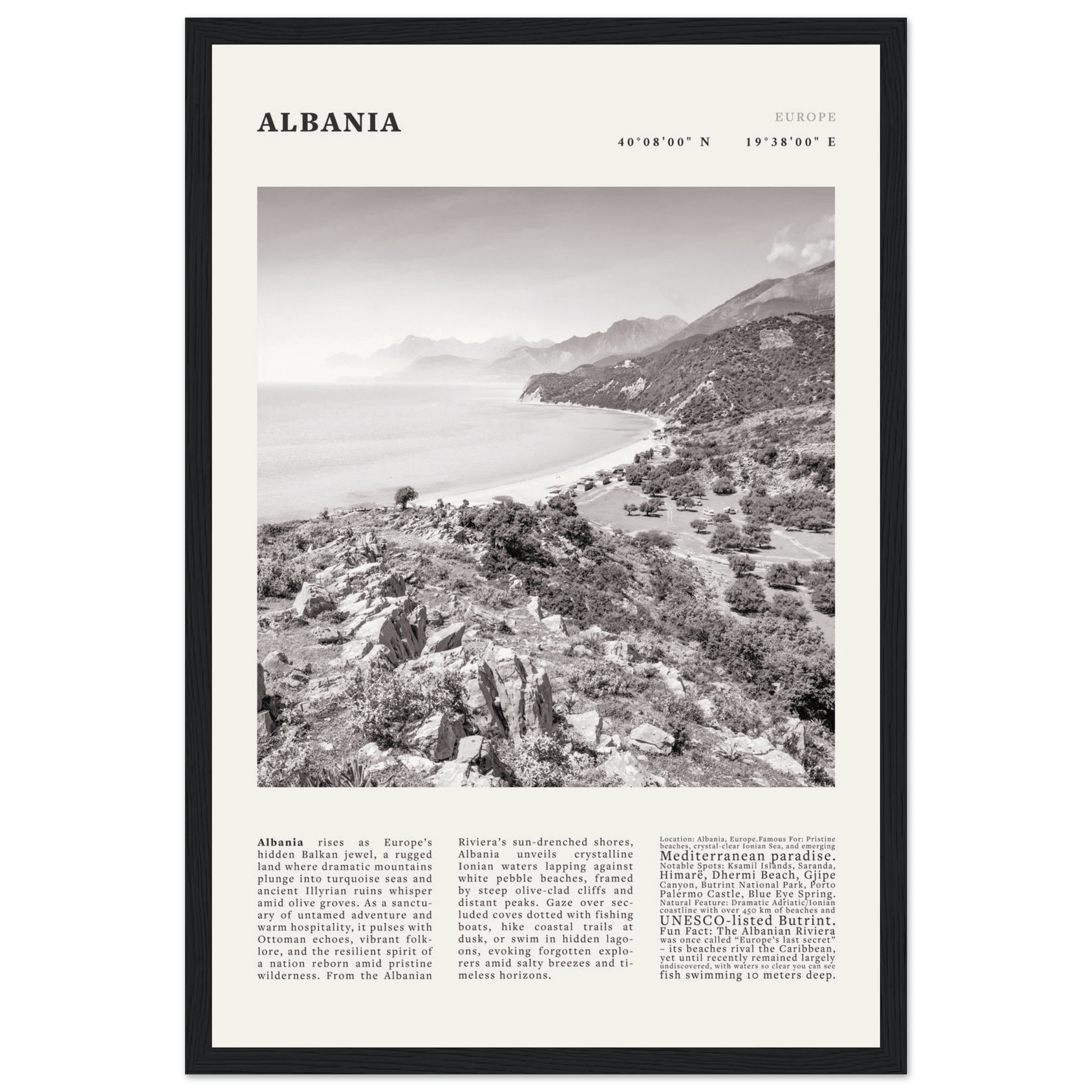 Albania Poster Black and White – Vintage Albanian Riviera Travel Print (Digital & Printed Options) - Evergreen Posters