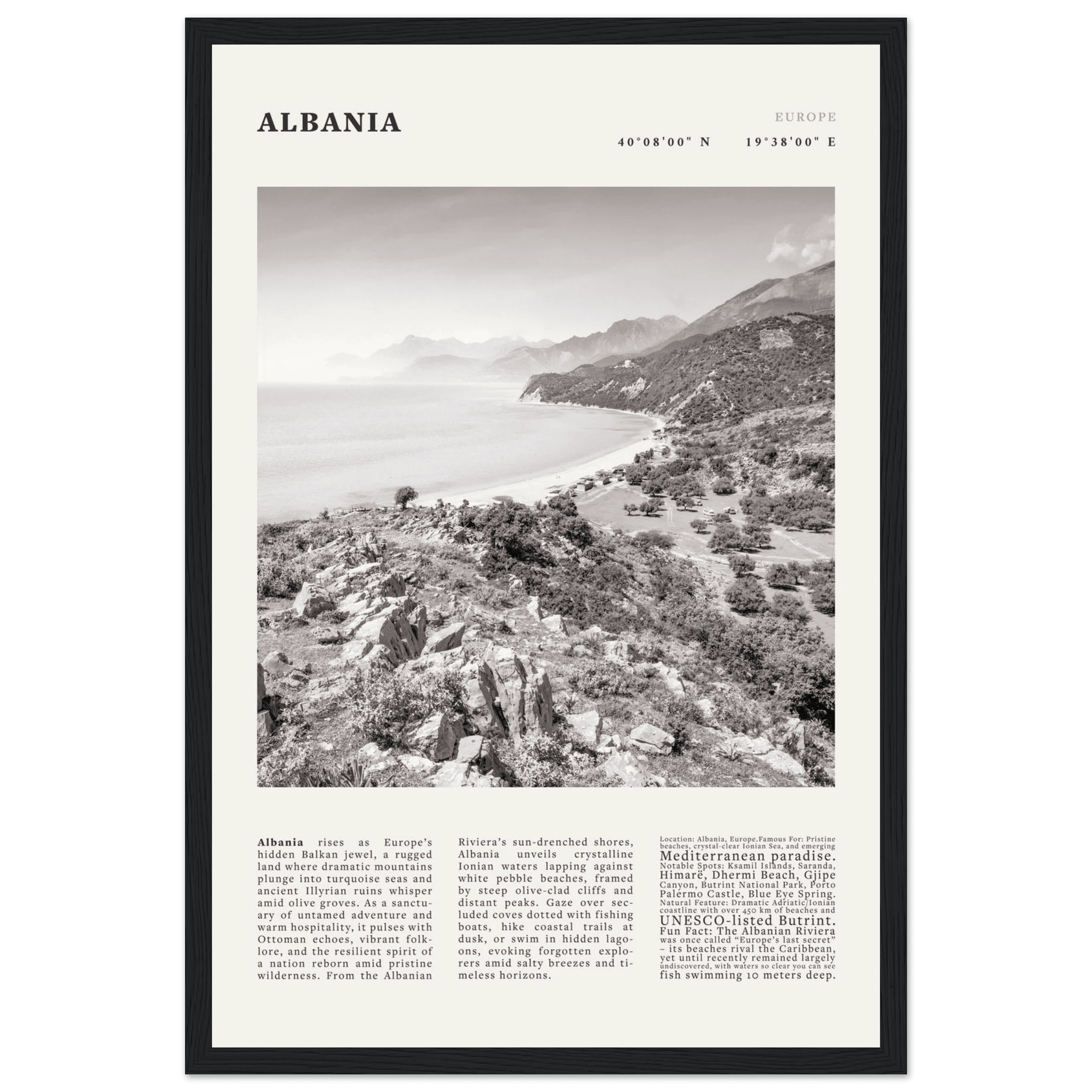 Albania Poster Black and White – Vintage Albanian Riviera Travel Print (Digital & Printed Options) - Evergreen Posters