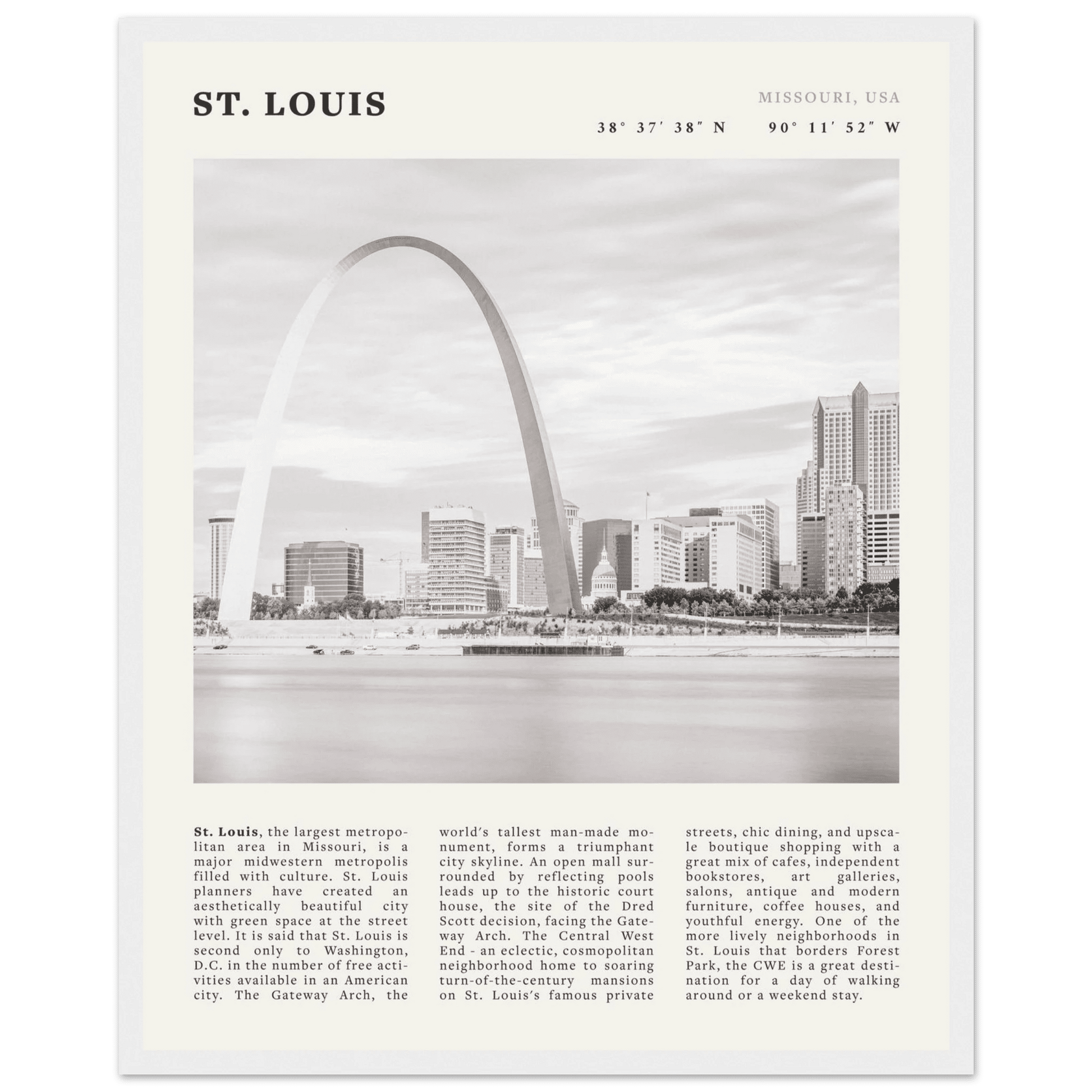 St. Louis Poster | Black & White Gateway Arch Wall Art | Missouri Travel Print - Evergreen Posters
