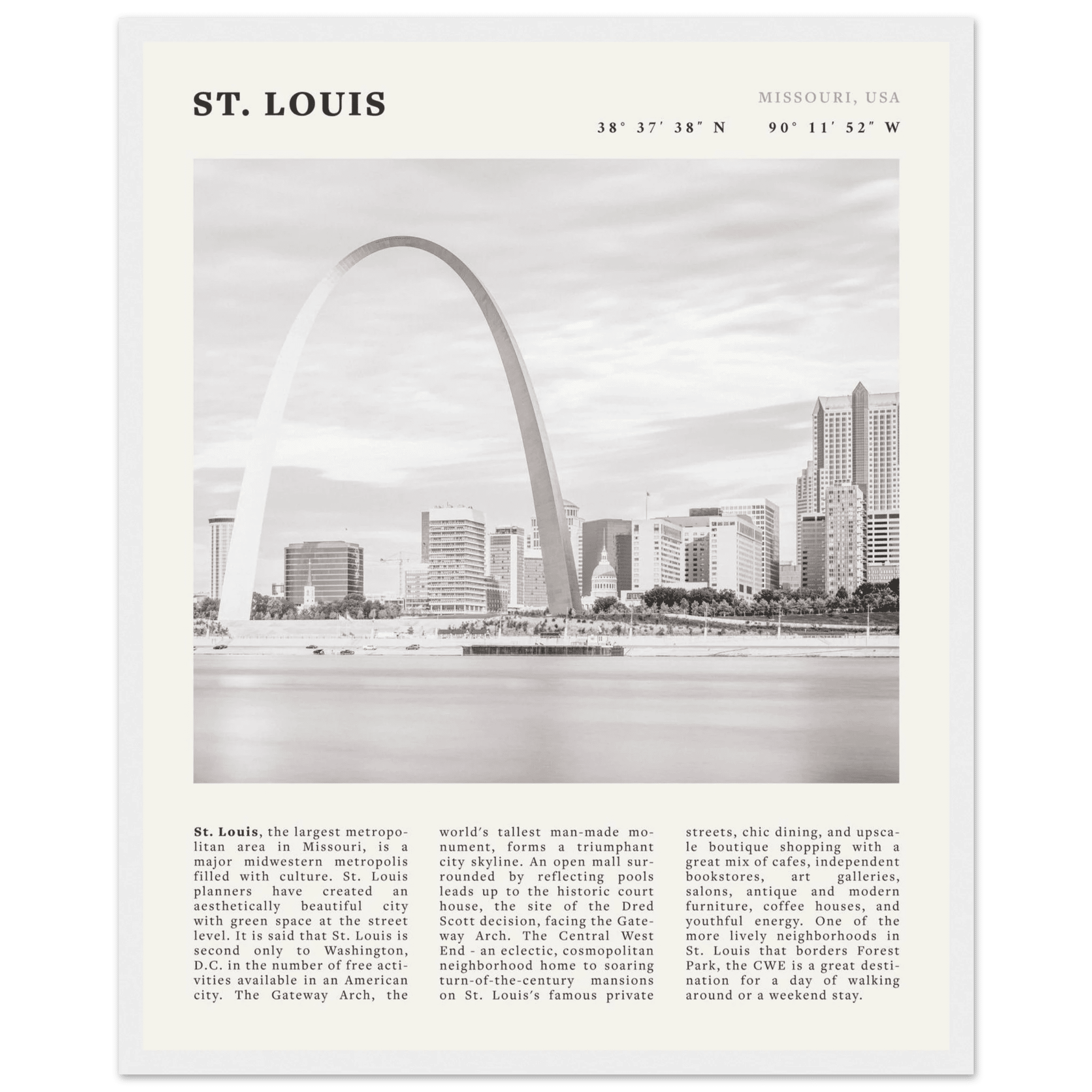 St. Louis Poster | Black & White Gateway Arch Wall Art | Missouri Travel Print - Evergreen Posters