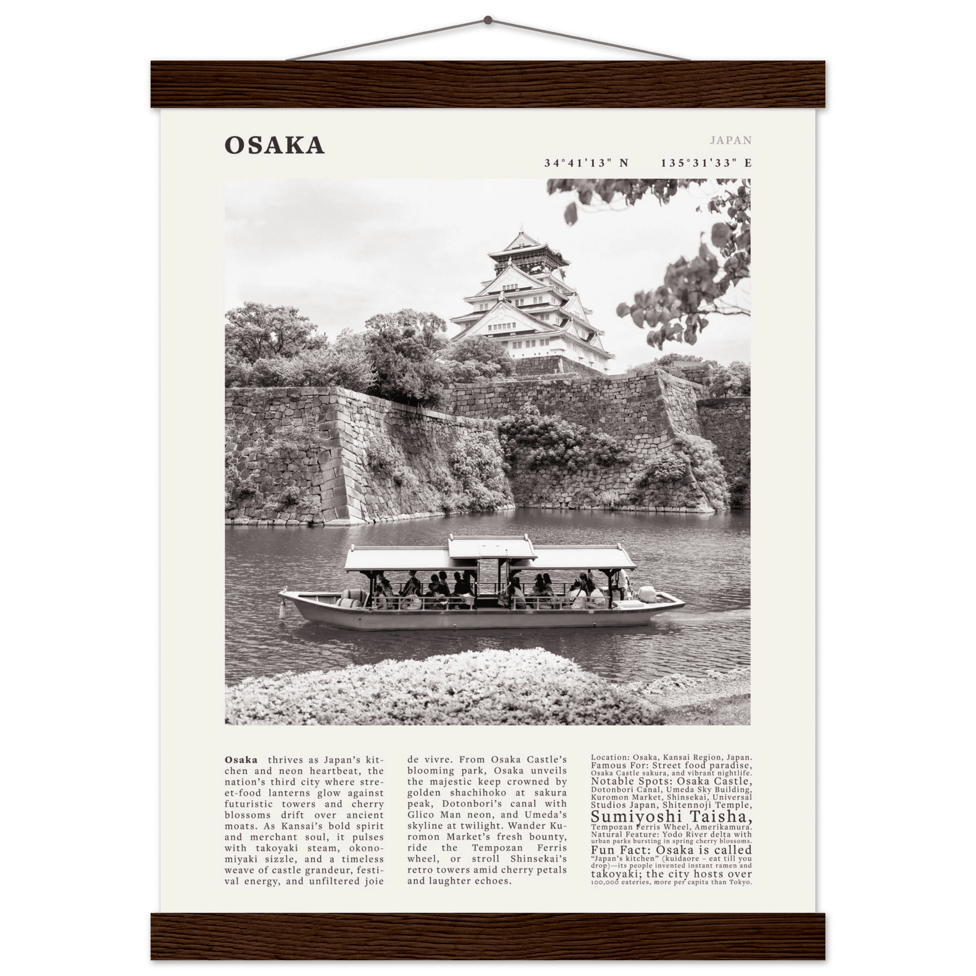 Osaka Poster Black and White – Vintage Osaka Castle Cherry Blossom Print (Digital & Printed Options) - Evergreen Posters