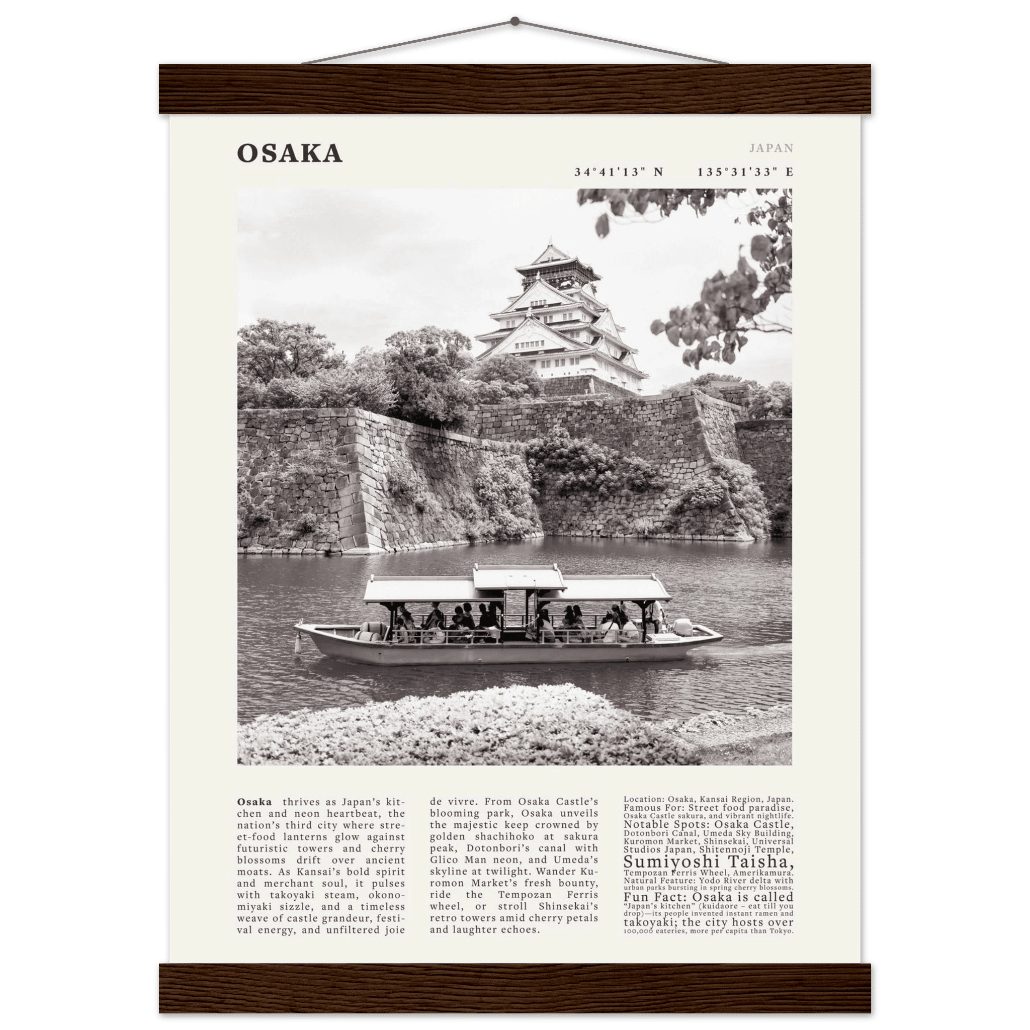 Osaka Poster Black and White – Vintage Osaka Castle Cherry Blossom Print (Digital & Printed Options) - Evergreen Posters