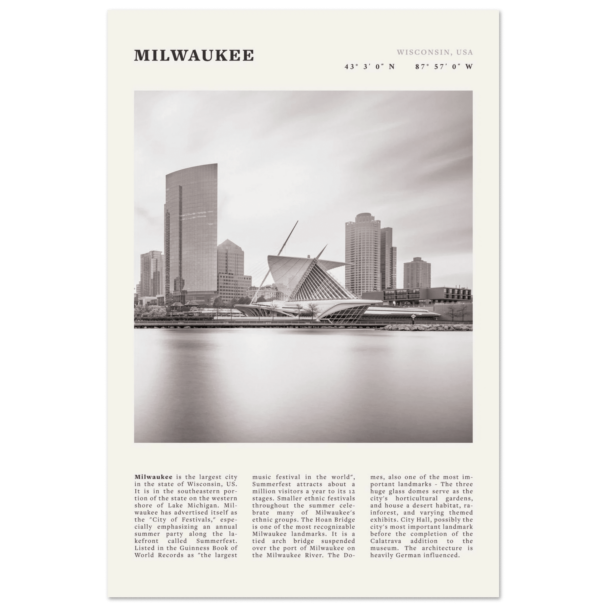 Milwaukee Poster | Black & White Wisconsin City Wall Art | USA Travel Print - Evergreen Posters