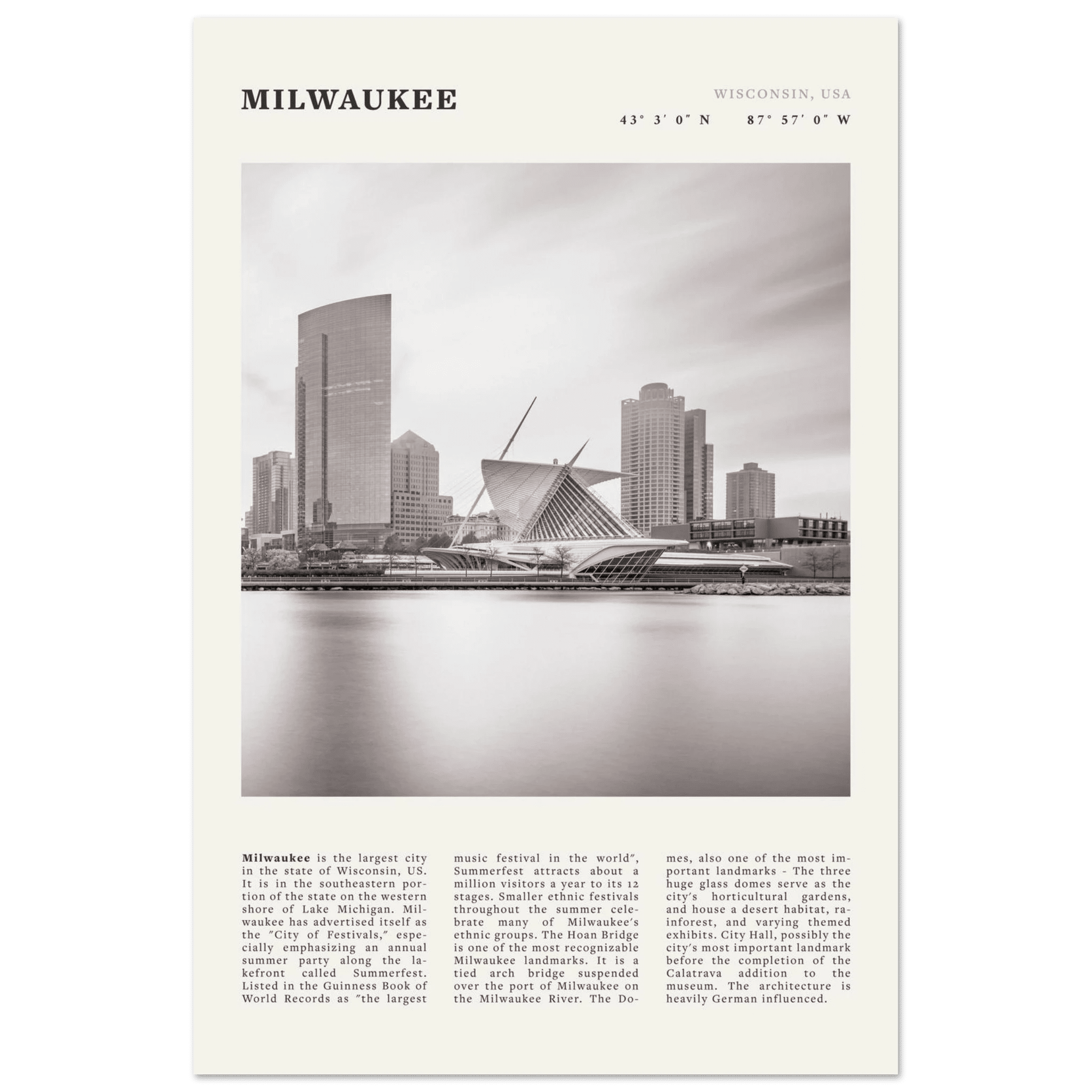 Milwaukee Poster | Black & White Wisconsin City Wall Art | USA Travel Print - Evergreen Posters