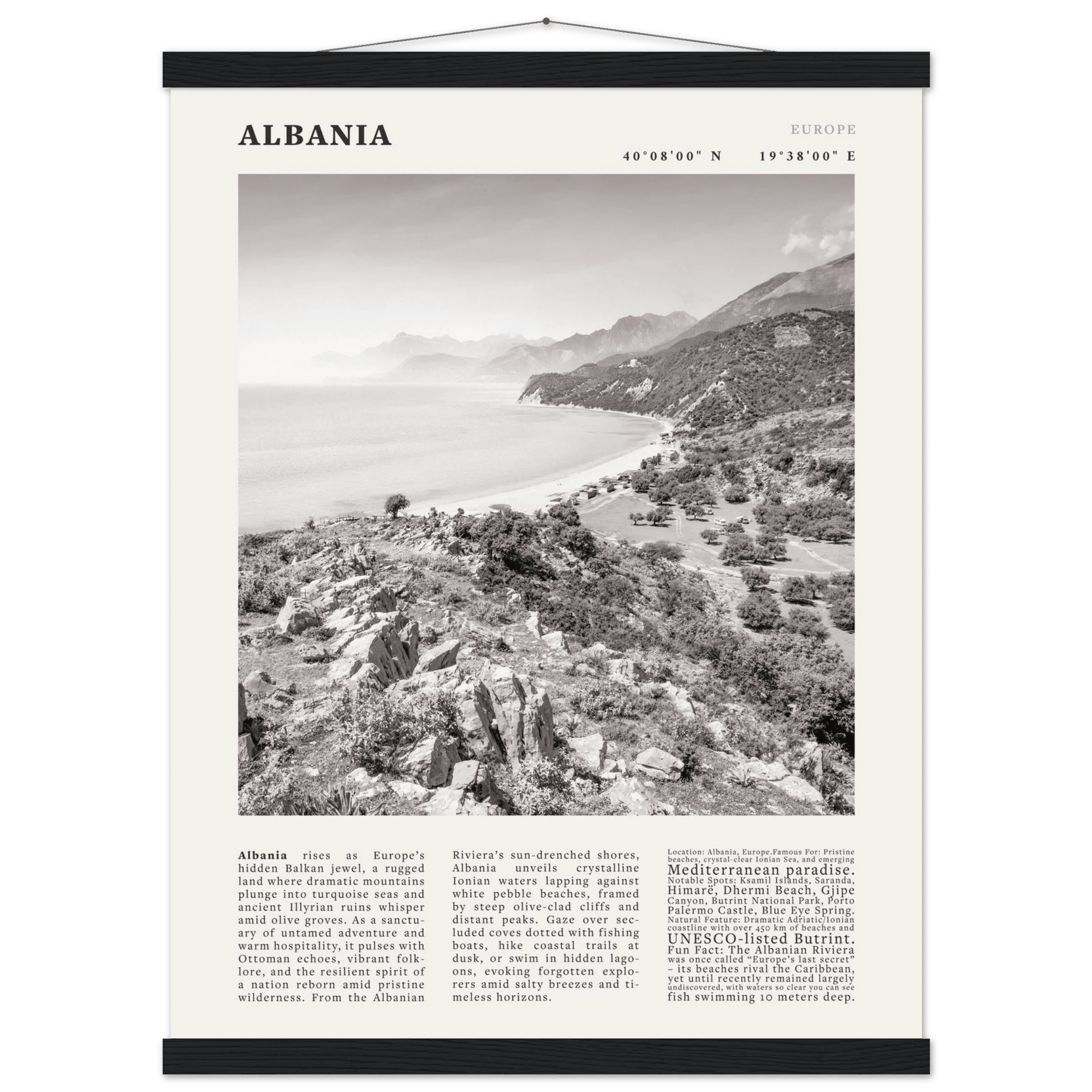 Albania Poster Black and White – Vintage Albanian Riviera Travel Print (Digital & Printed Options) - Evergreen Posters