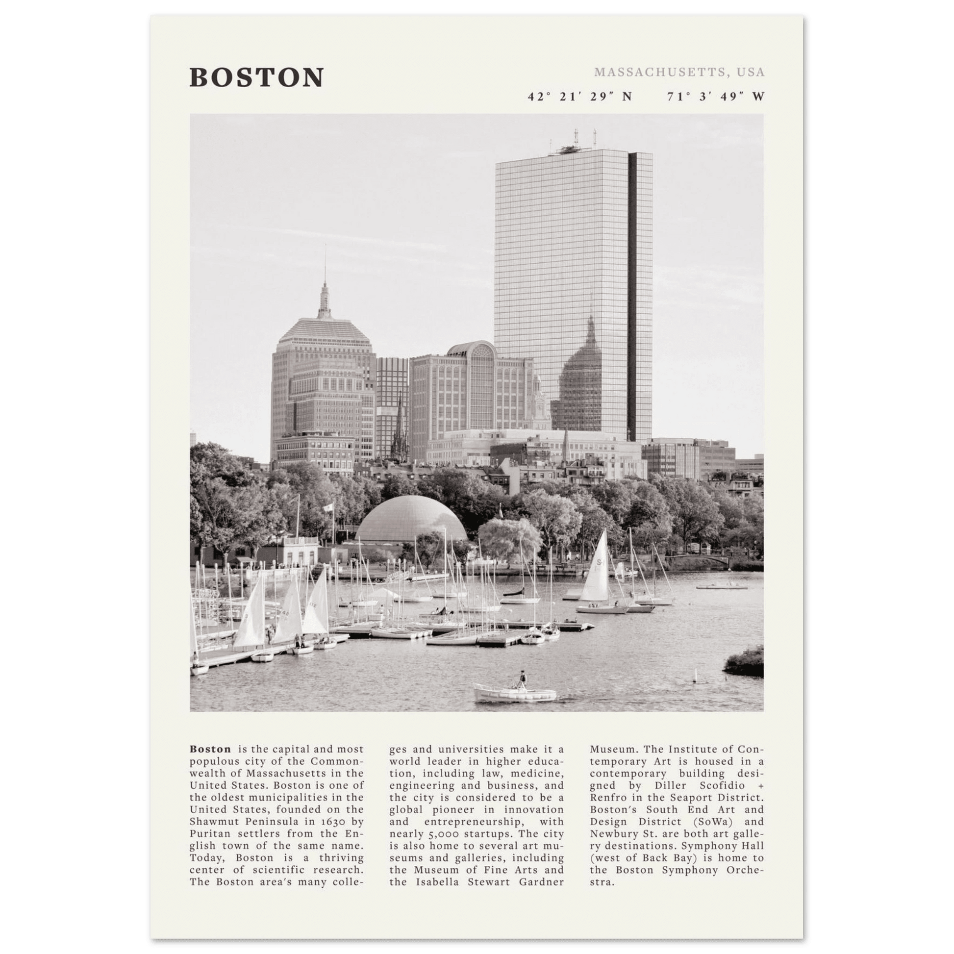 Boston Poster | Black & White Charles River Skyline Wall Art | Massachusetts Print - Evergreen Posters