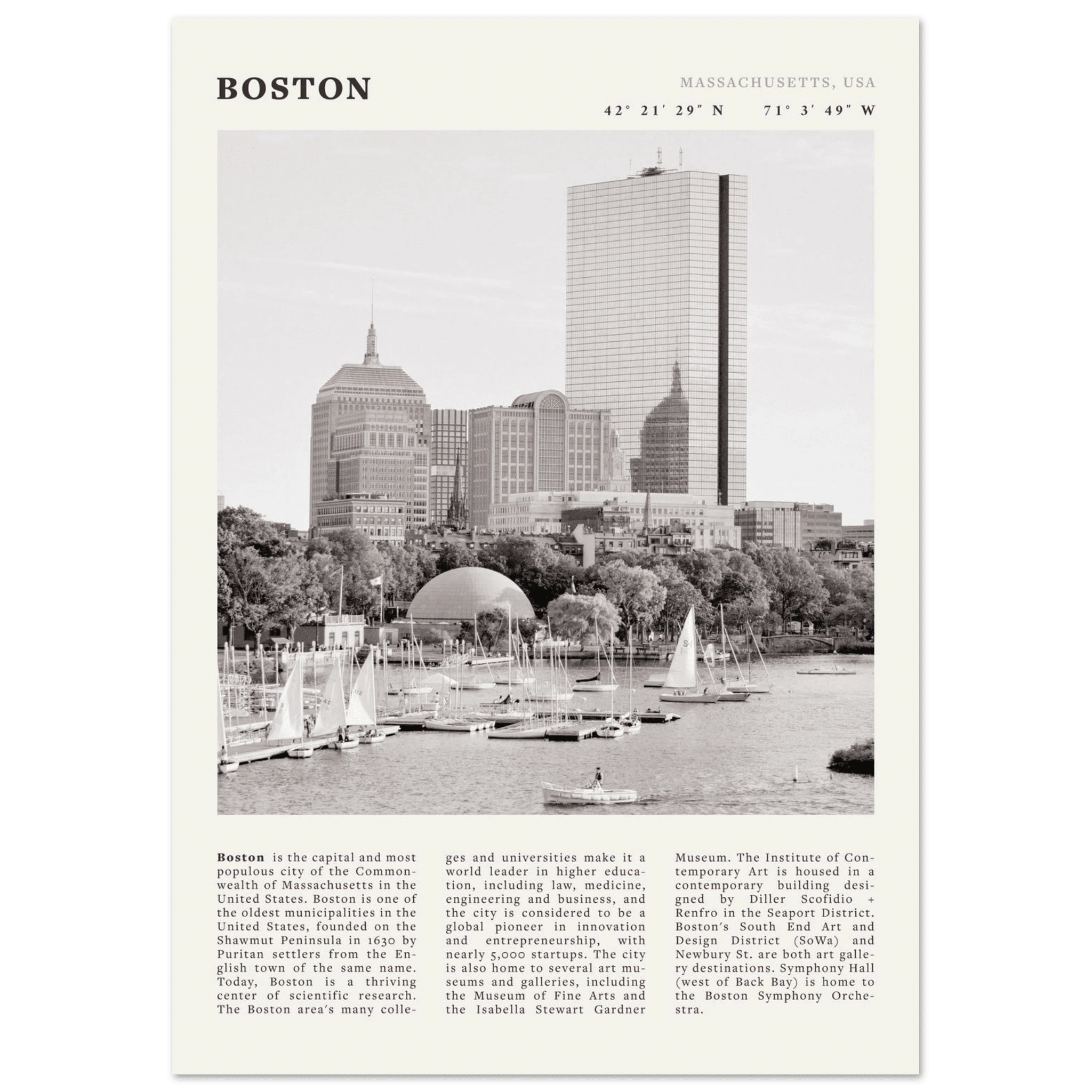 Boston Poster | Black & White Charles River Skyline Wall Art | Massachusetts Print - Evergreen Posters