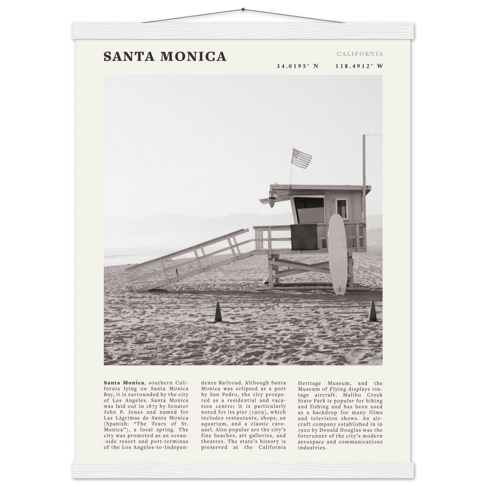 Santa Monica Poster | Black & White California Wall Art | Beach Travel Print | Coastal Decor - Evergreen Posters