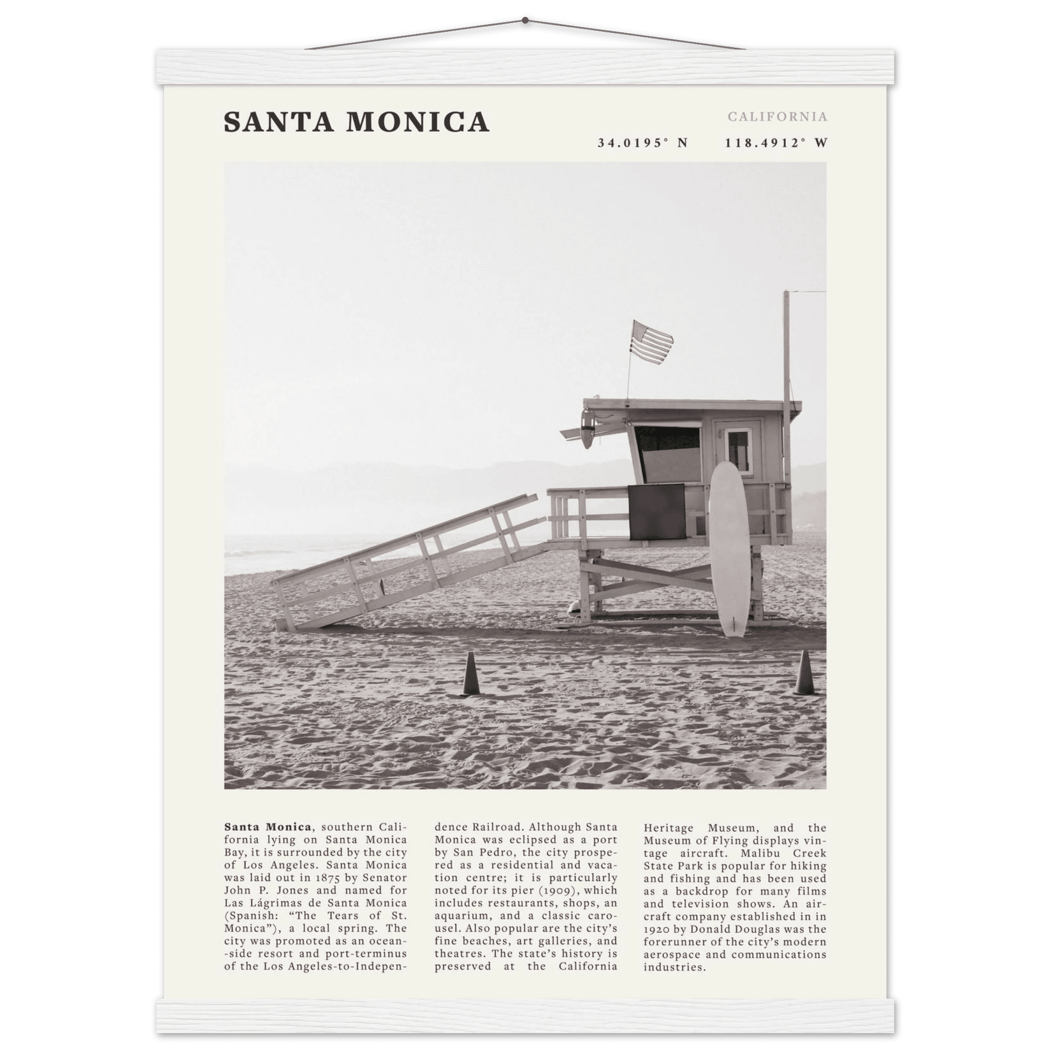 Santa Monica Poster | Black & White California Wall Art | Beach Travel Print | Coastal Decor - Evergreen Posters