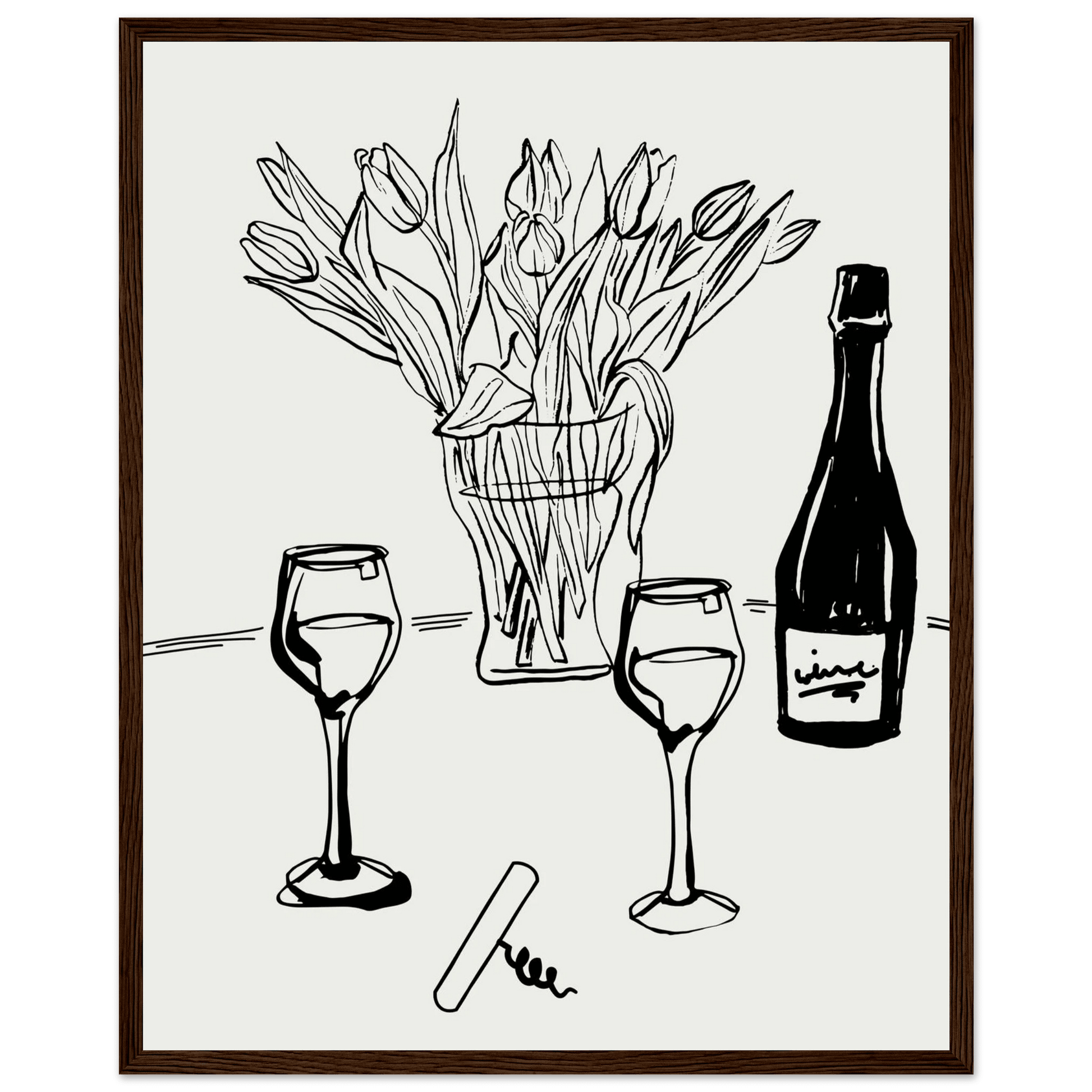Wine & Tulips Print | Black Line Art Wine Bottle Wall Art | Minimalist Kitchen Poster - Evergreen Posters