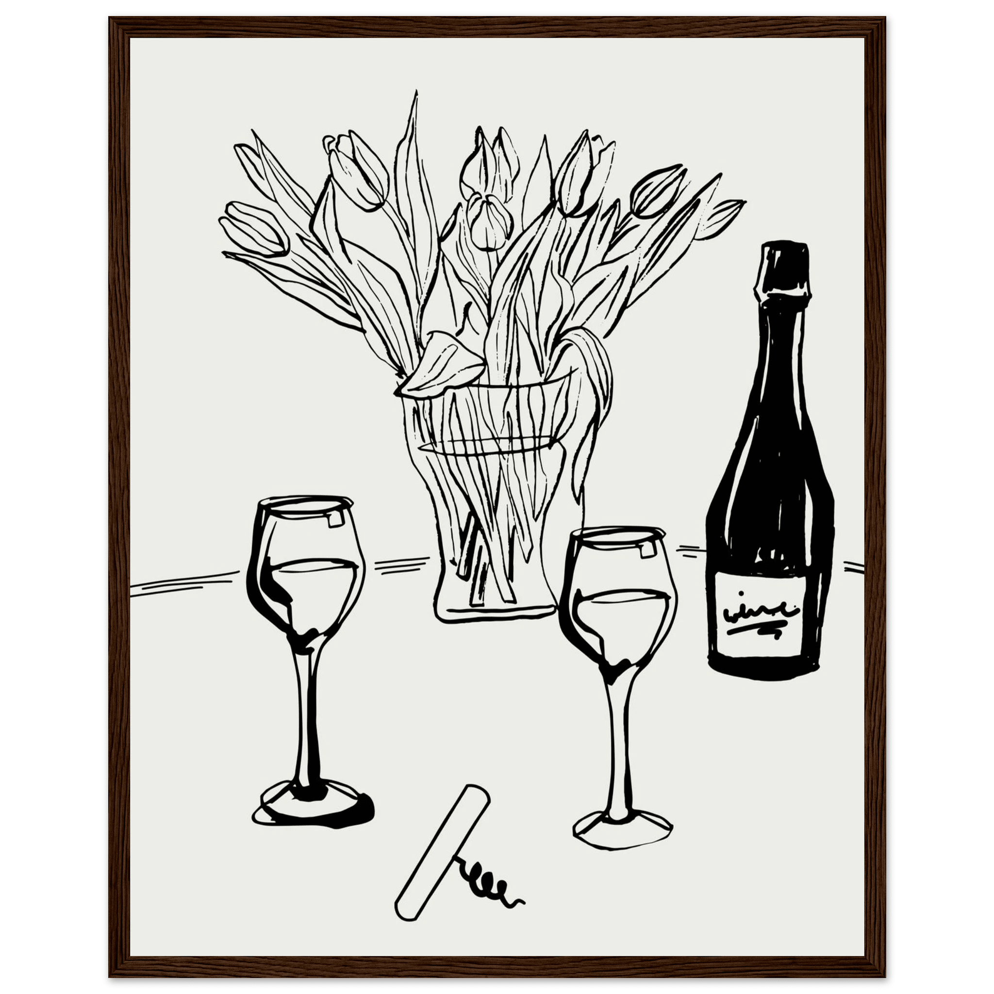 Wine & Tulips Print | Black Line Art Wine Bottle Wall Art | Minimalist Kitchen Poster - Evergreen Posters