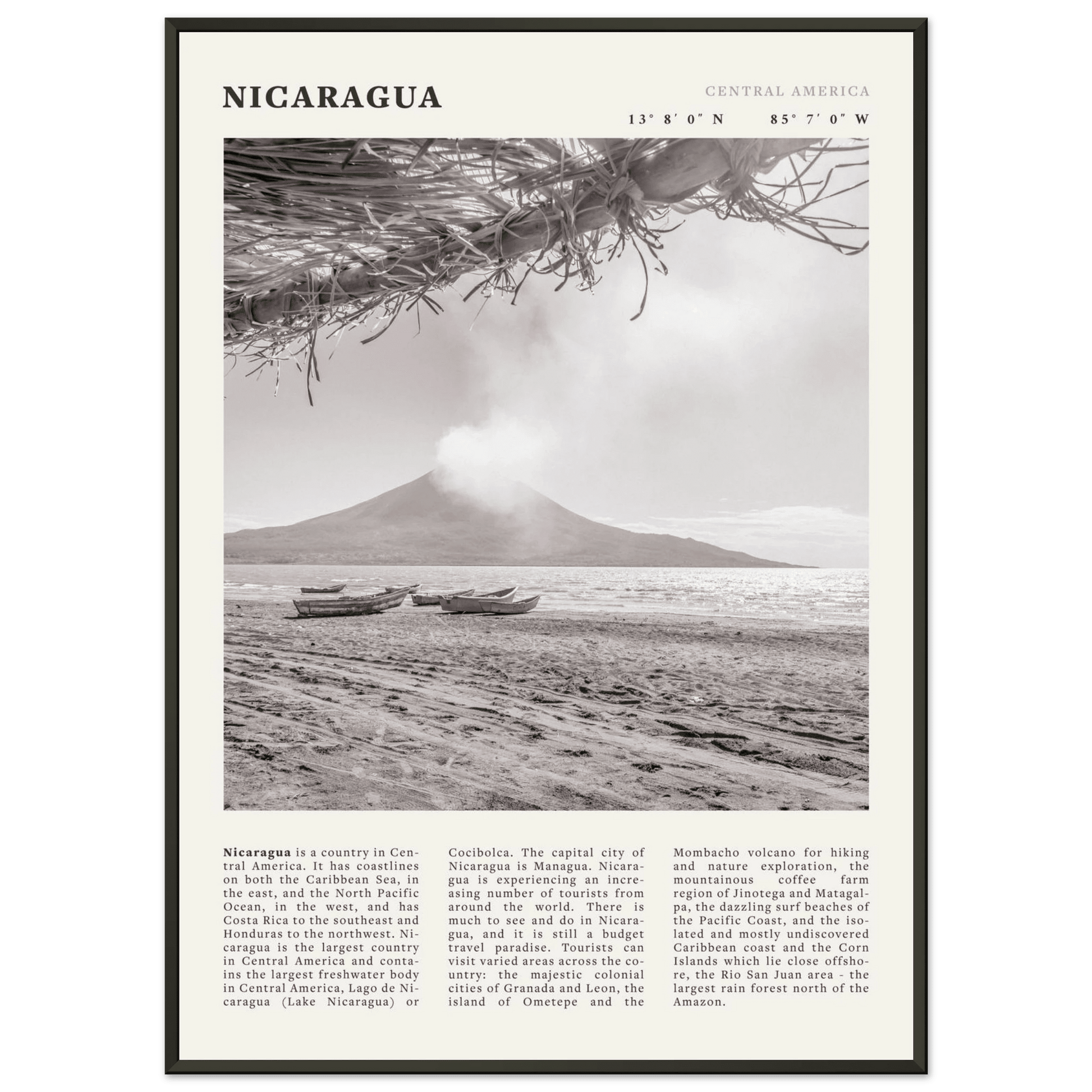 Nicaragua Poster | Black & White Volcano Wall Art | Central America Travel Print - Evergreen Posters