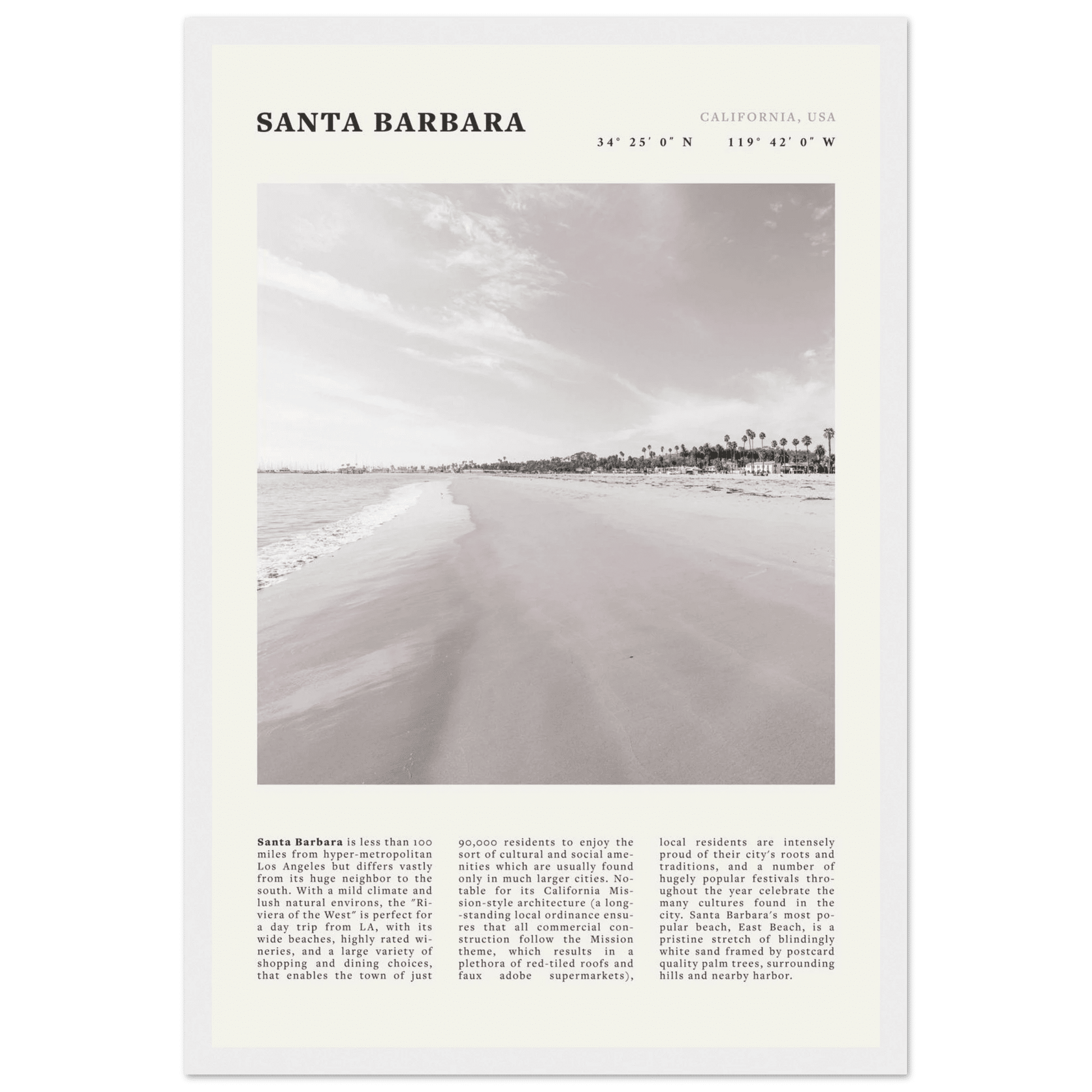 Santa Barbara Poster | Black & White California Beach Wall Art | CA Travel Print - Evergreen Posters