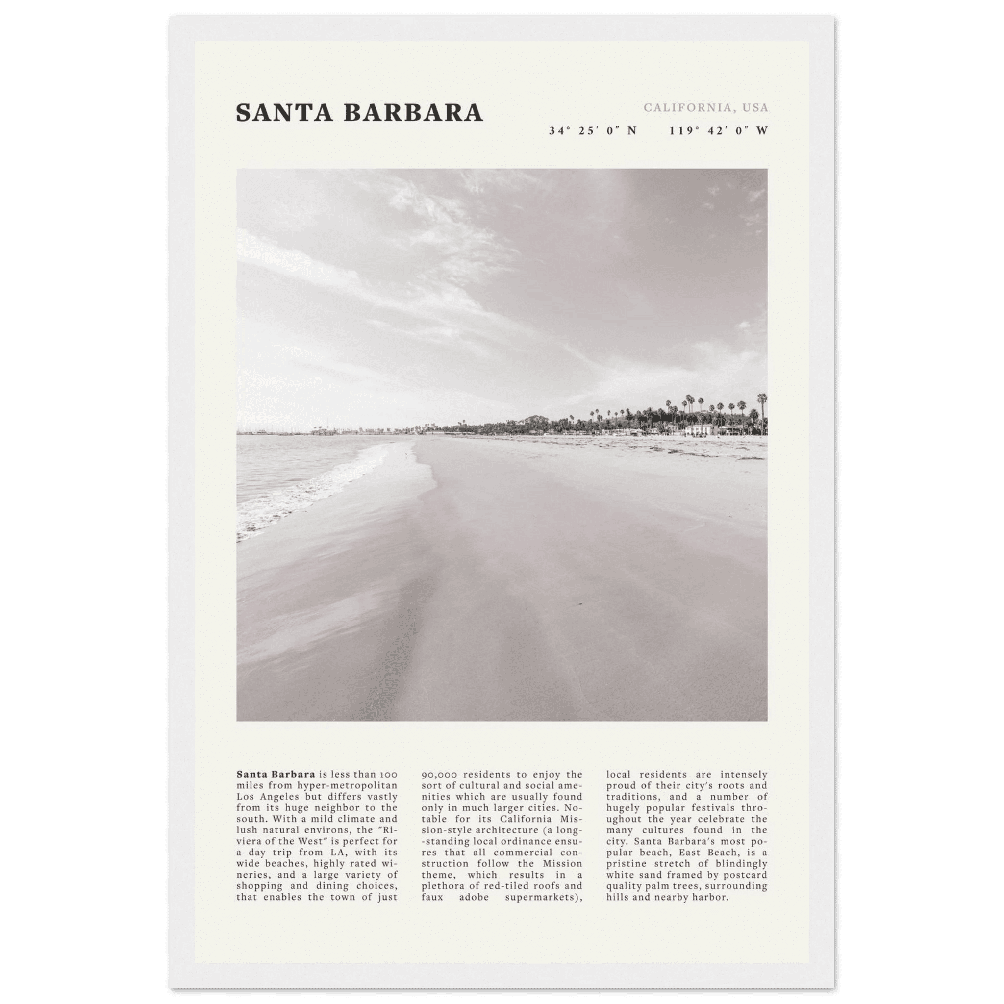 Santa Barbara Poster | Black & White California Beach Wall Art | CA Travel Print - Evergreen Posters