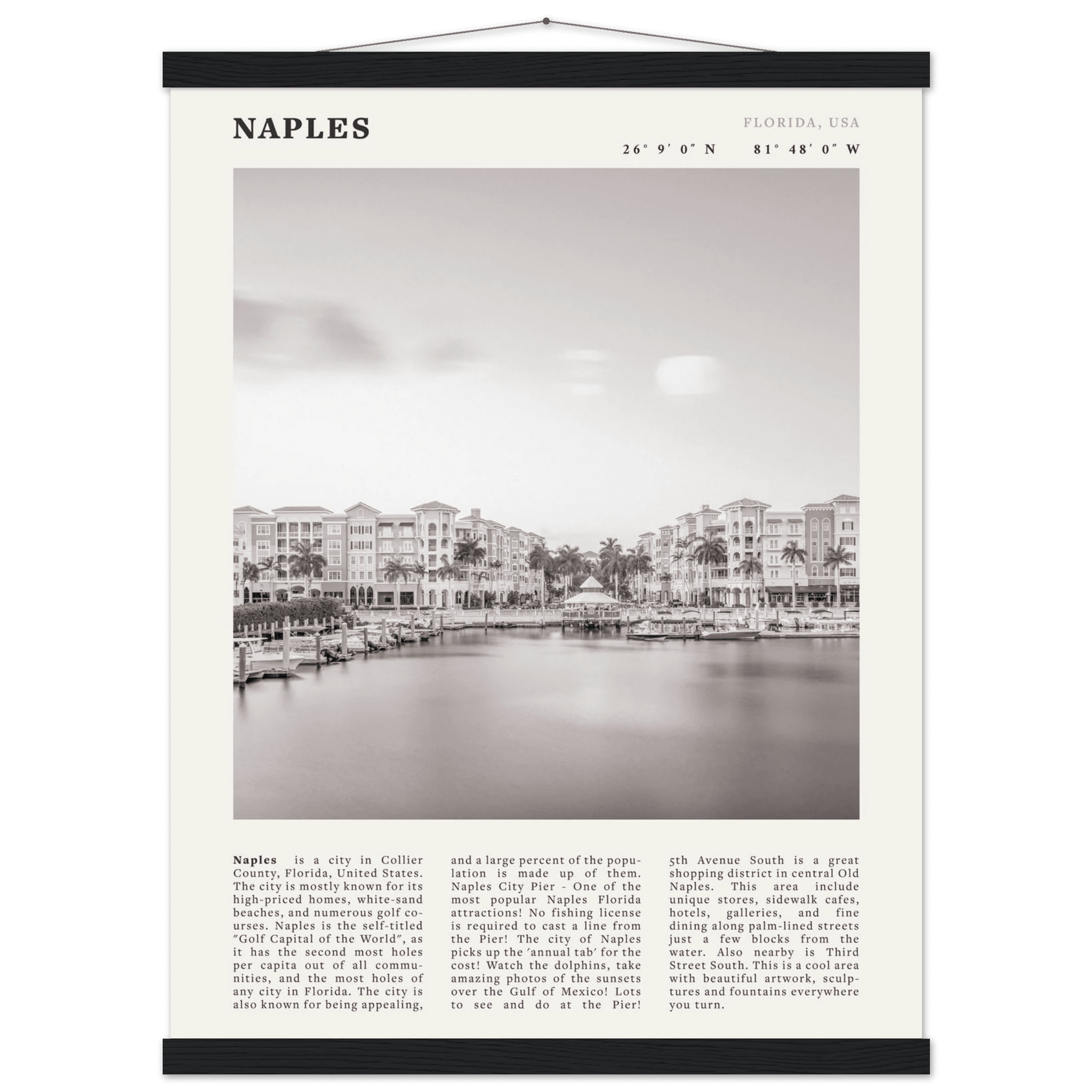 Naples Florida Poster | Black & White Gulf Coast Wall Art | FL Travel Print - Evergreen Posters