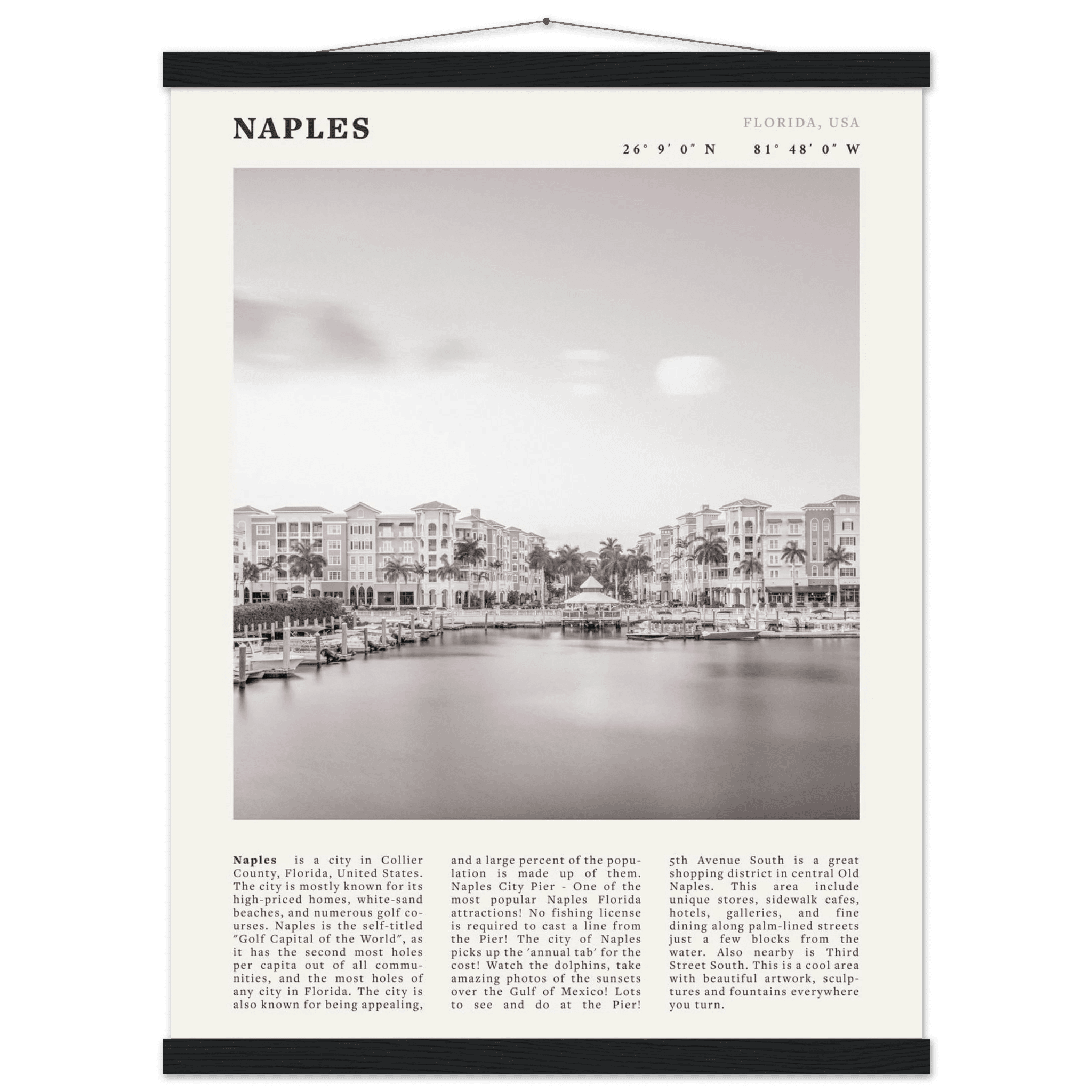 Naples Florida Poster | Black & White Gulf Coast Wall Art | FL Travel Print - Evergreen Posters