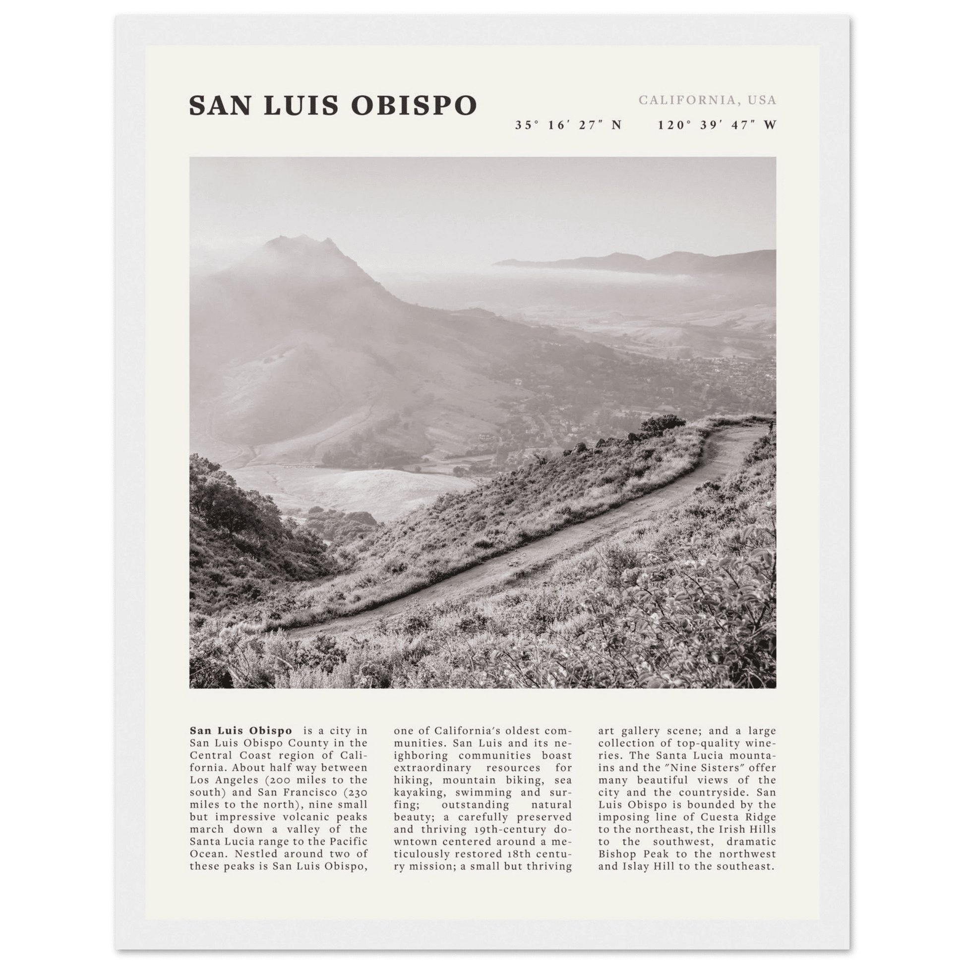 San Luis Obispo Poster | Black & White California Wall Art | SLO Travel Print - Evergreen Posters