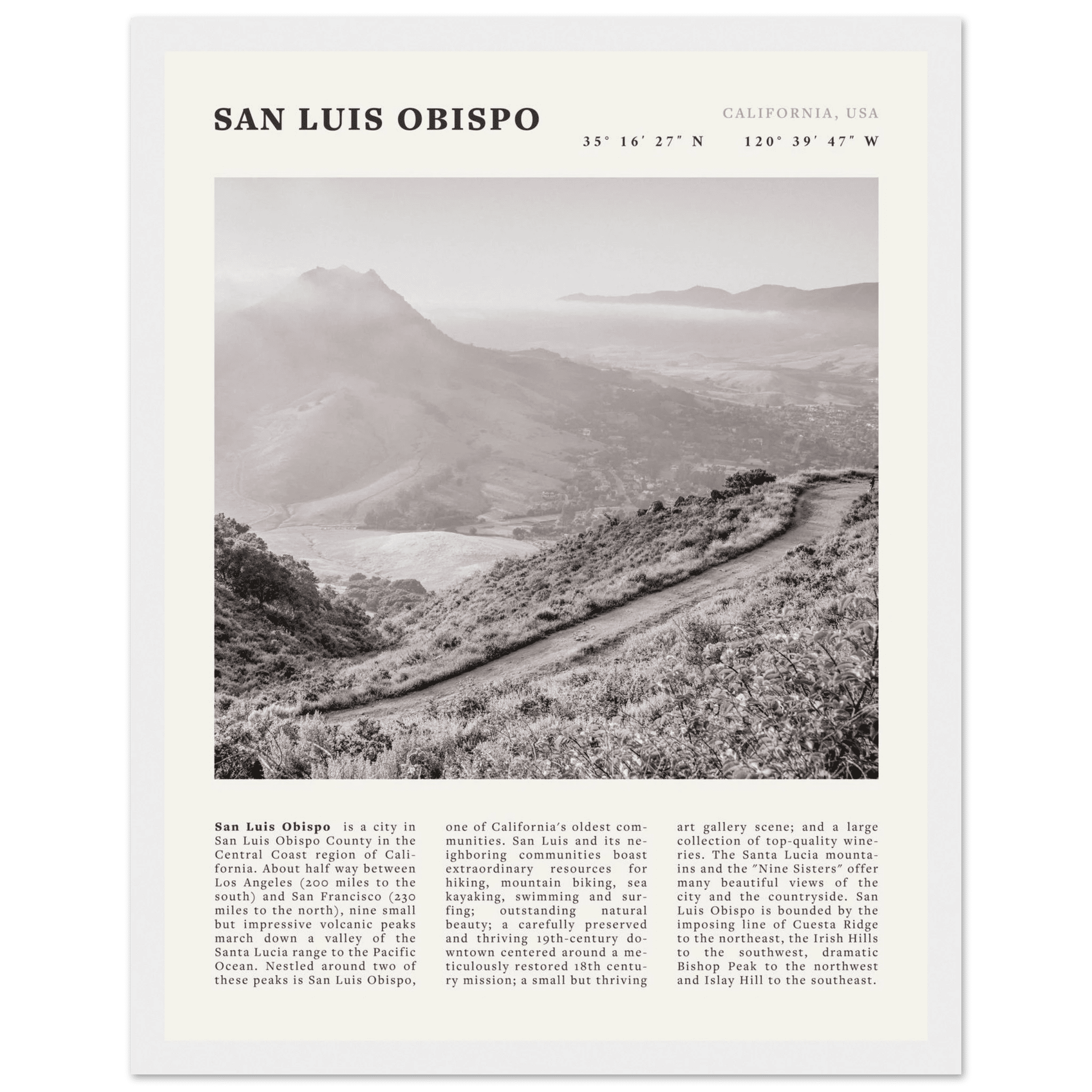 San Luis Obispo Poster | Black & White California Wall Art | SLO Travel Print - Evergreen Posters