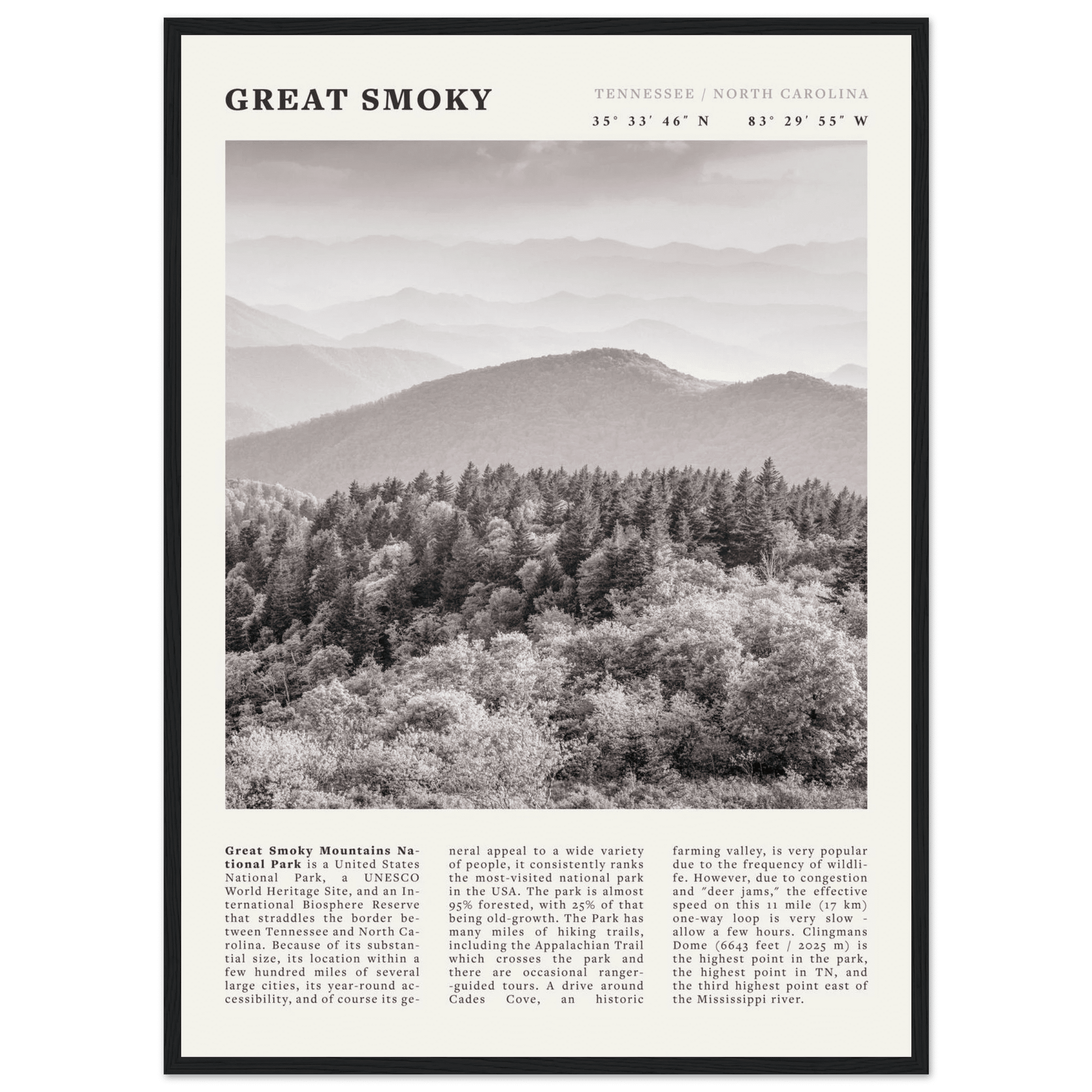 Great Smoky Mountains Poster | Black & White National Park Wall Art | Tennessee Print - Evergreen Posters