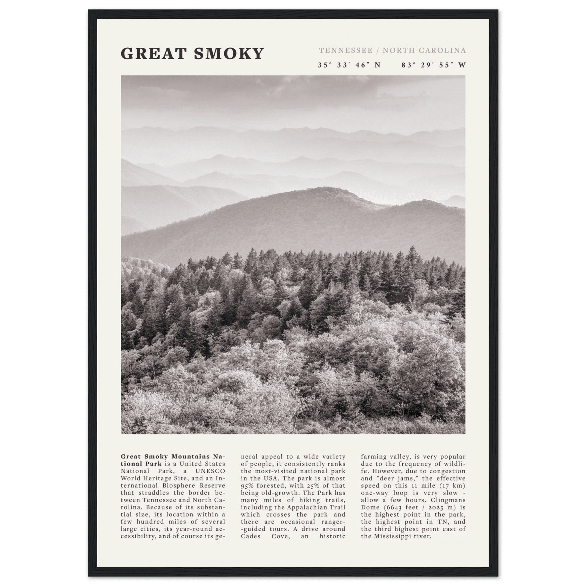 Great Smoky Mountains Poster | Black & White National Park Wall Art | Tennessee Print - Evergreen Posters