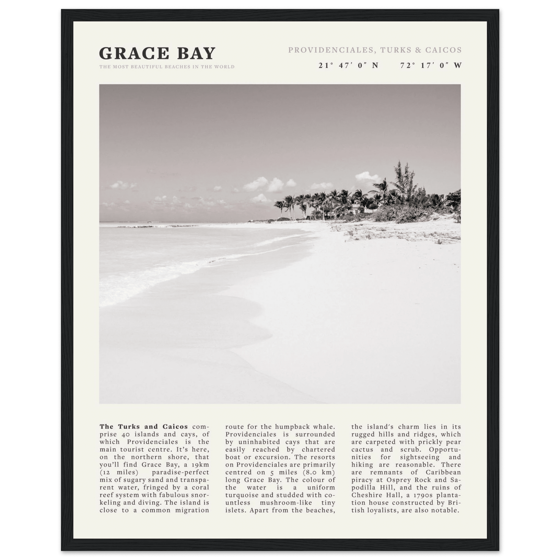 Grace Bay Poster | Black & White Turks & Caicos Wall Art | Caribbean Beach Print - Evergreen Posters