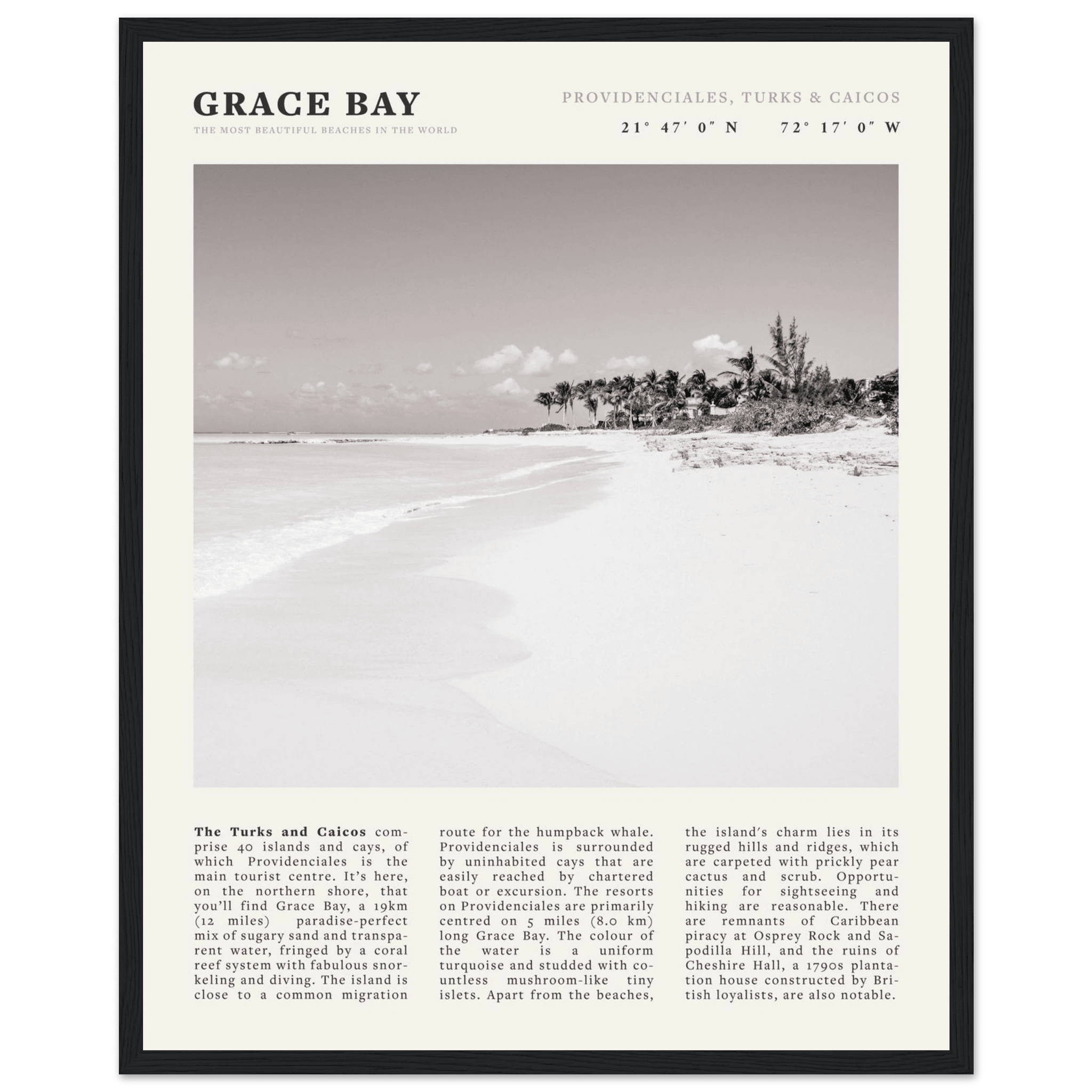 Grace Bay Poster | Black & White Turks & Caicos Wall Art | Caribbean Beach Print - Evergreen Posters