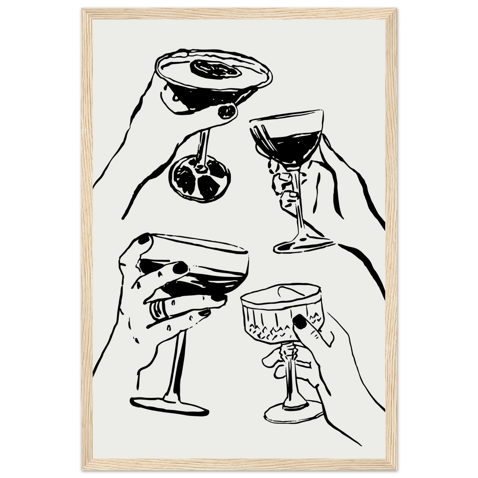 Cheers Print | Black Line Art Cocktail Glasses Wall Art | Kitchen Bar Poster - Evergreen Posters