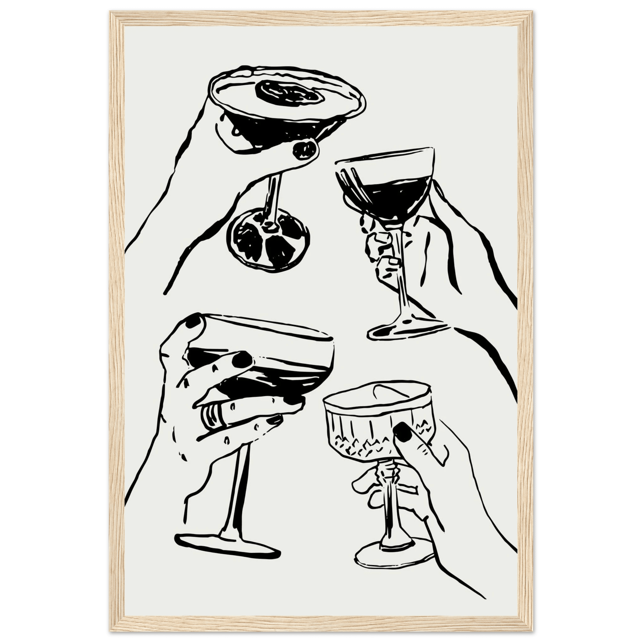 Cheers Print | Black Line Art Cocktail Glasses Wall Art | Kitchen Bar Poster - Evergreen Posters