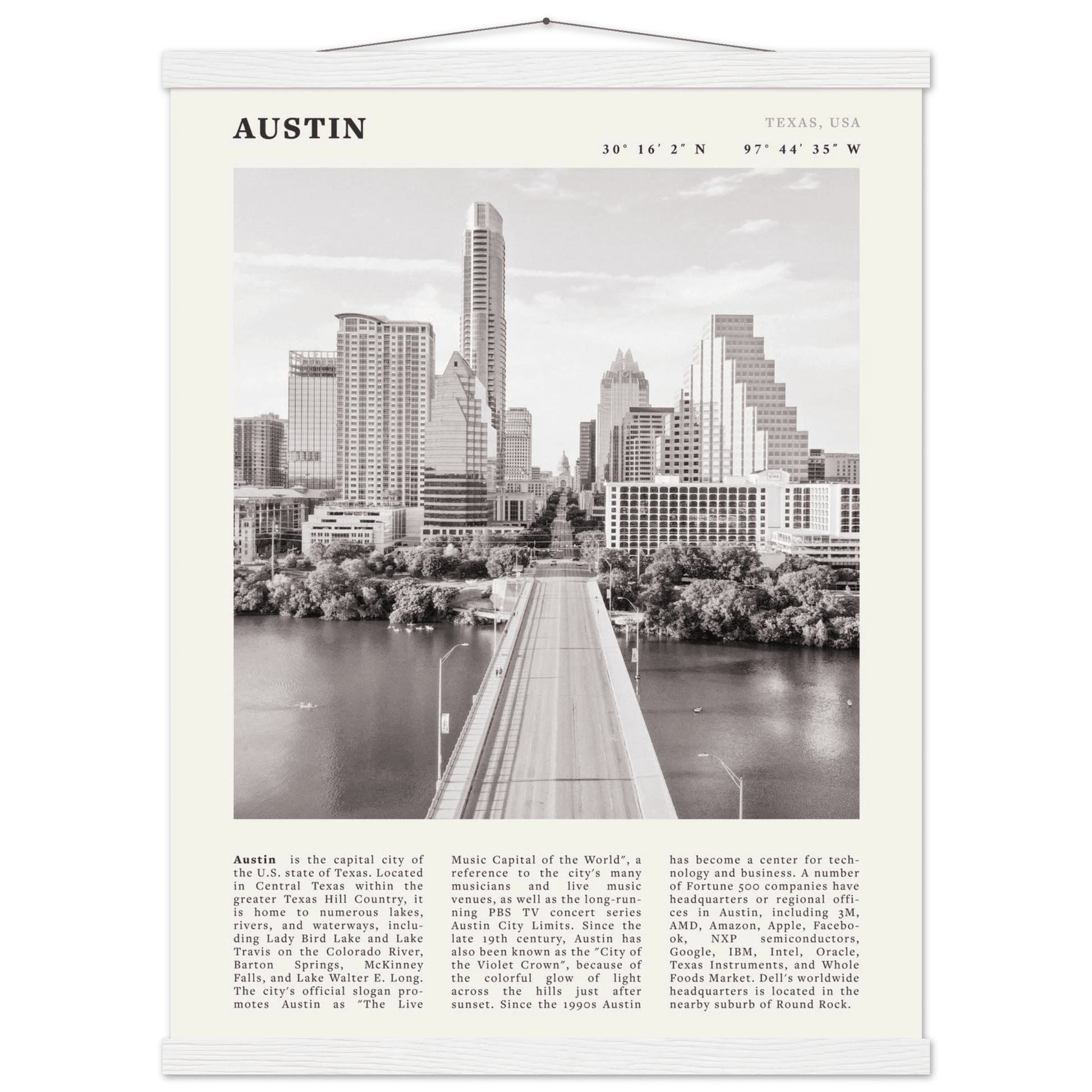 Austin Poster | Black & White Texas Skyline Wall Art | City Travel Print Decor - Evergreen Posters