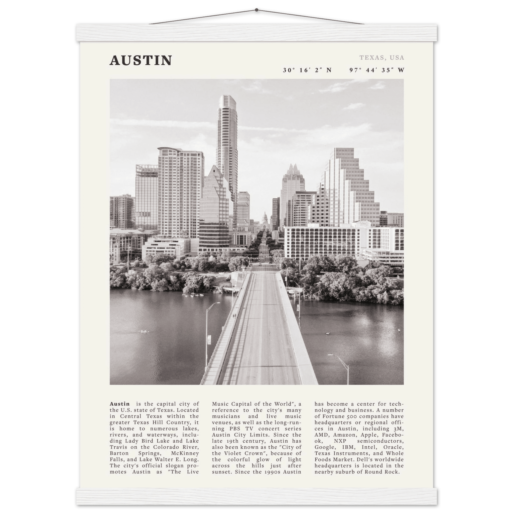 Austin Poster | Black & White Texas Skyline Wall Art | City Travel Print Decor - Evergreen Posters