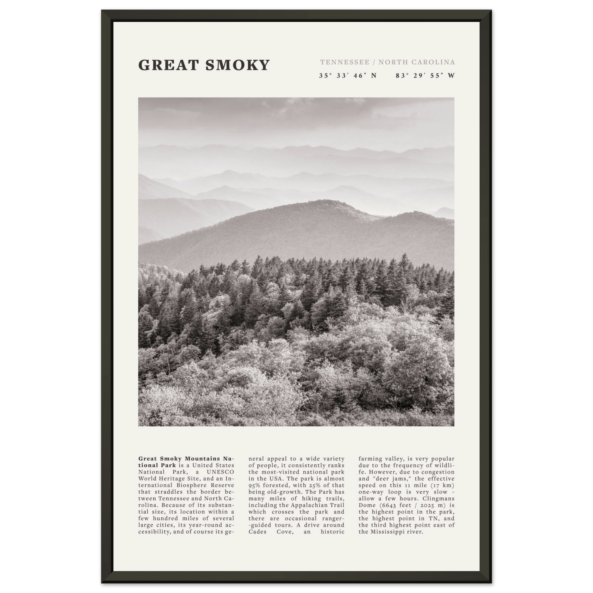 Great Smoky Mountains Poster | Black & White National Park Wall Art | Tennessee Print - Evergreen Posters