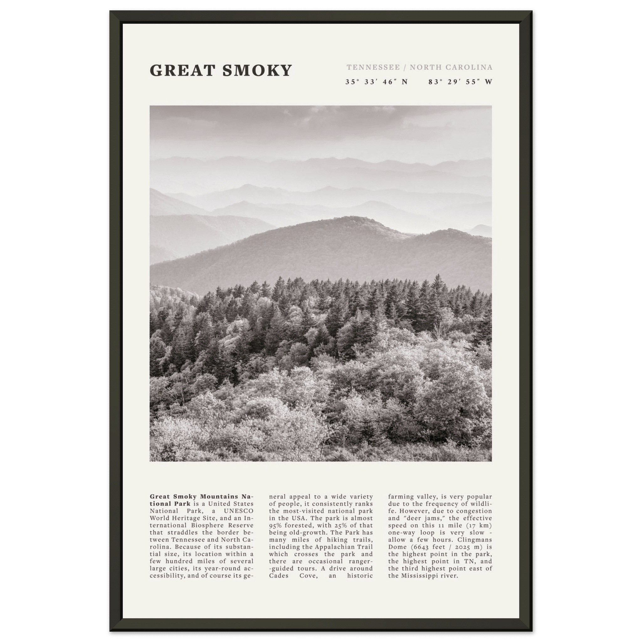 Great Smoky Mountains Poster | Black & White National Park Wall Art | Tennessee Print - Evergreen Posters