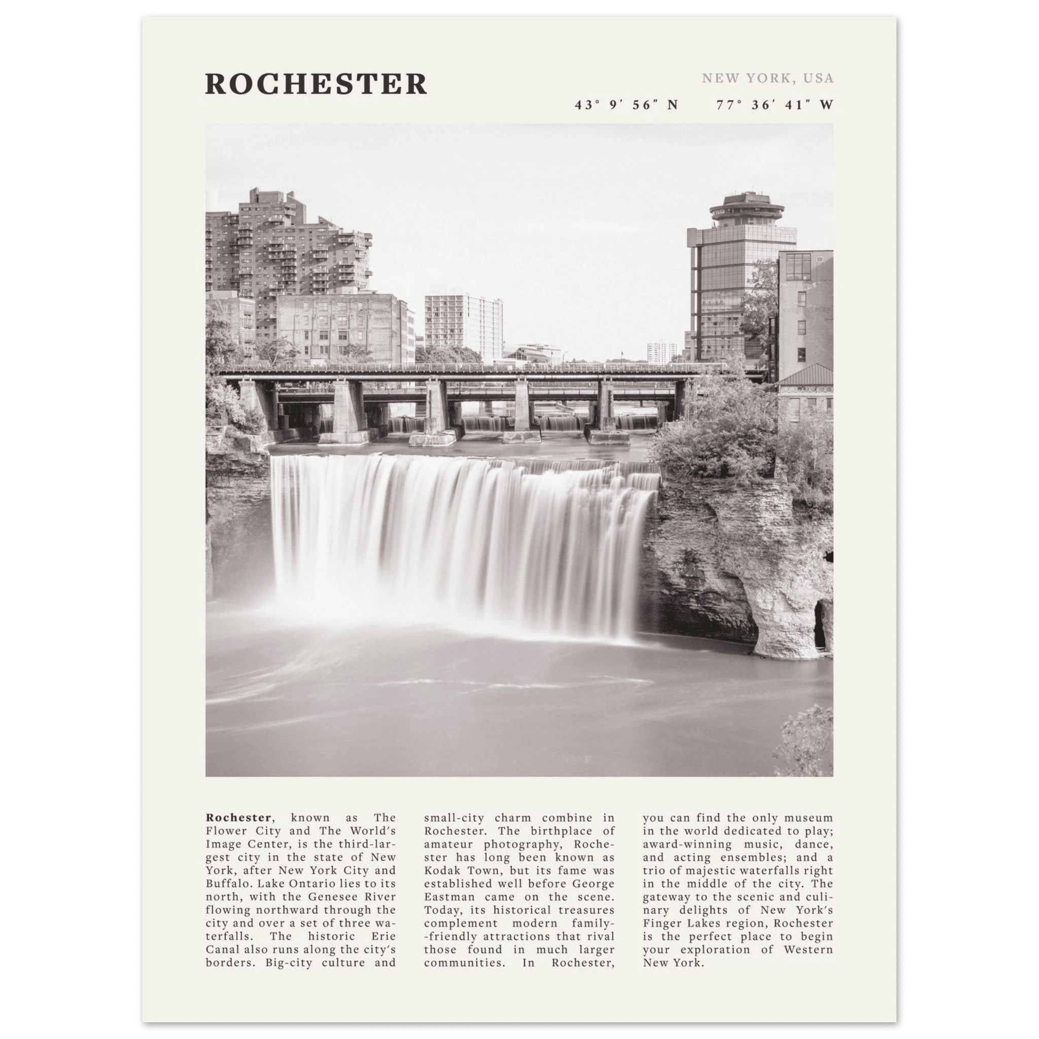 Rochester Poster | Black & White High Falls Wall Art | New York Travel Print - Evergreen Posters