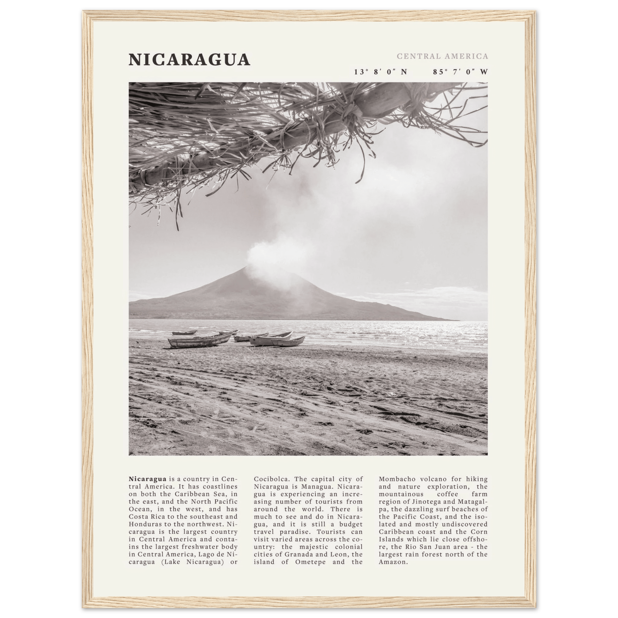 Nicaragua Poster | Black & White Volcano Wall Art | Central America Travel Print - Evergreen Posters
