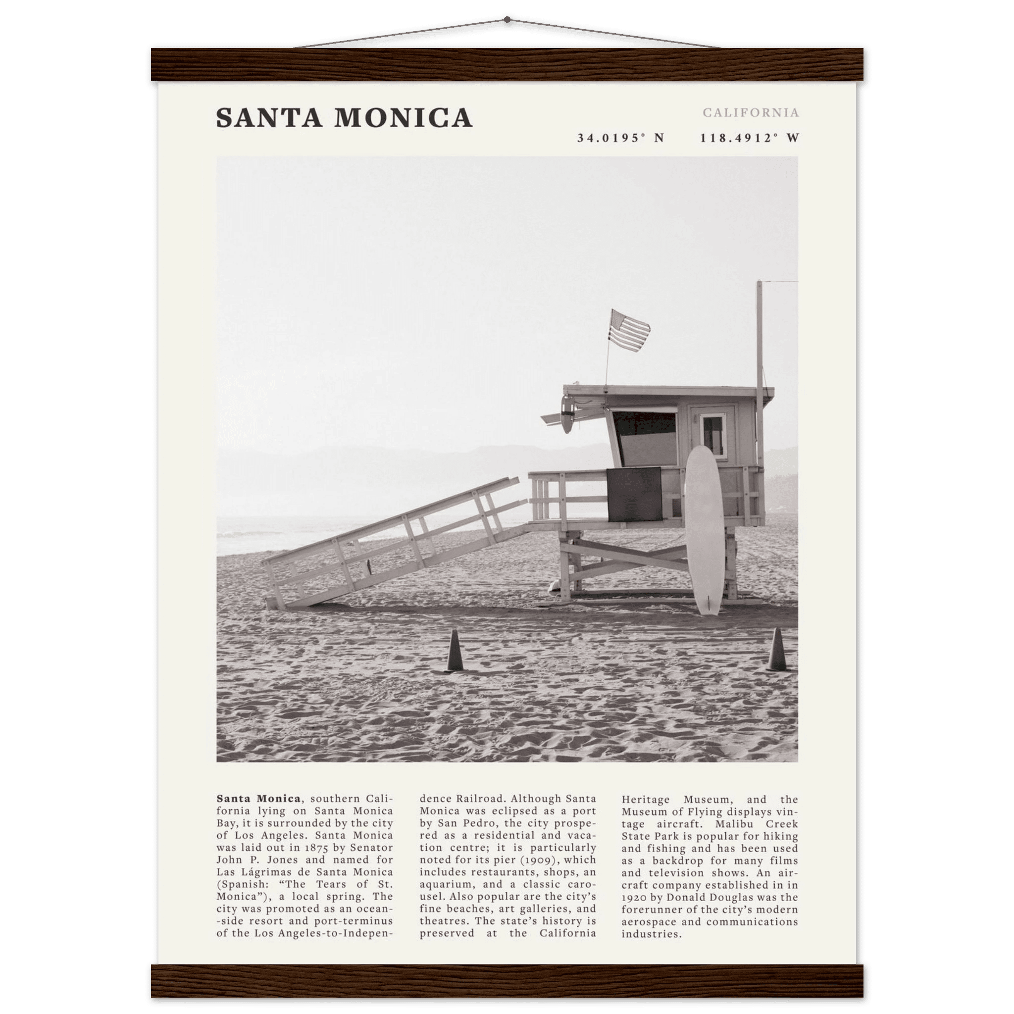 Santa Monica Poster | Black & White California Wall Art | Beach Travel Print | Coastal Decor - Evergreen Posters