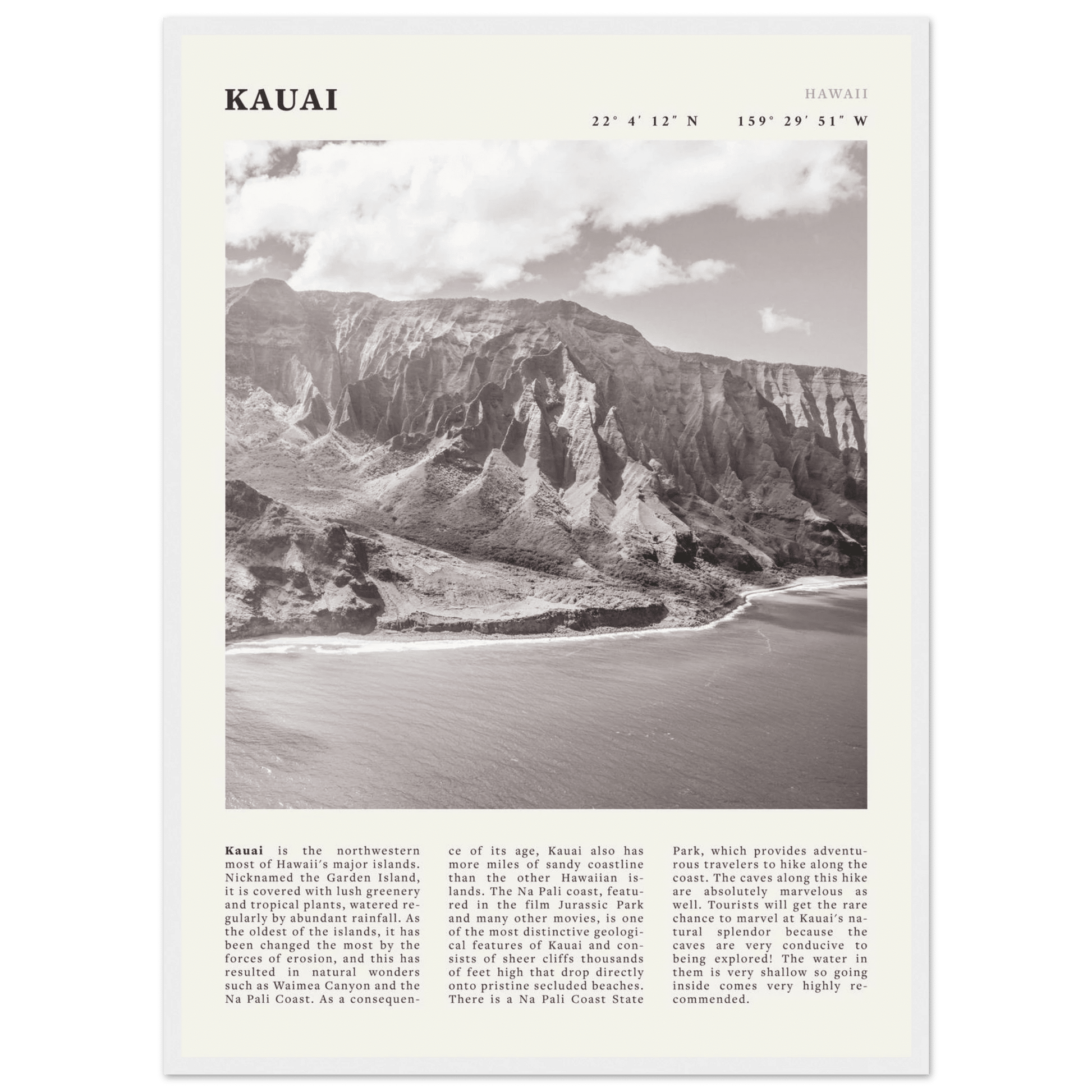 Kauai Poster | Black & White Na Pali Coast Wall Art | Hawaii Travel Print Decor - Evergreen Posters