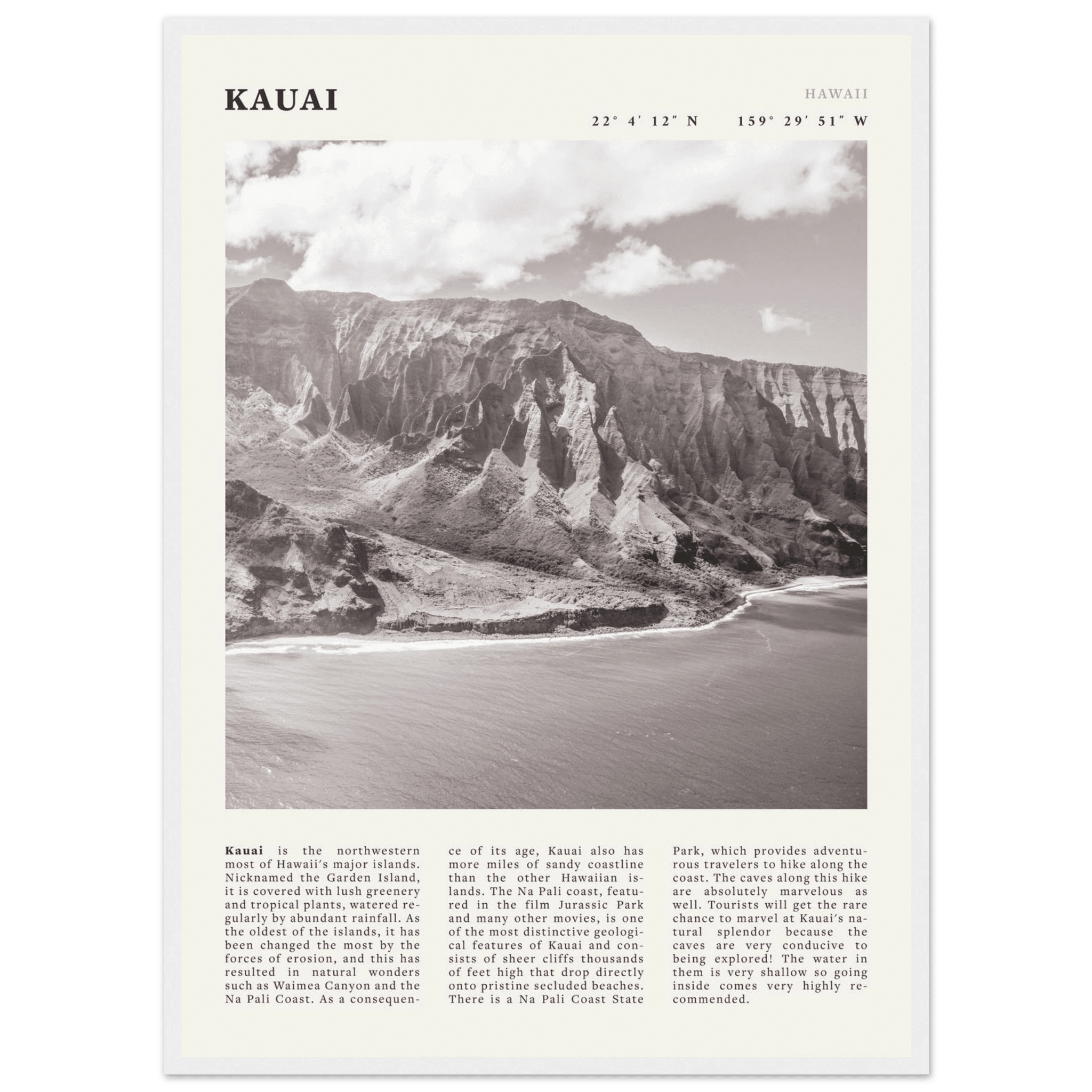 Kauai Poster | Black & White Na Pali Coast Wall Art | Hawaii Travel Print Decor - Evergreen Posters