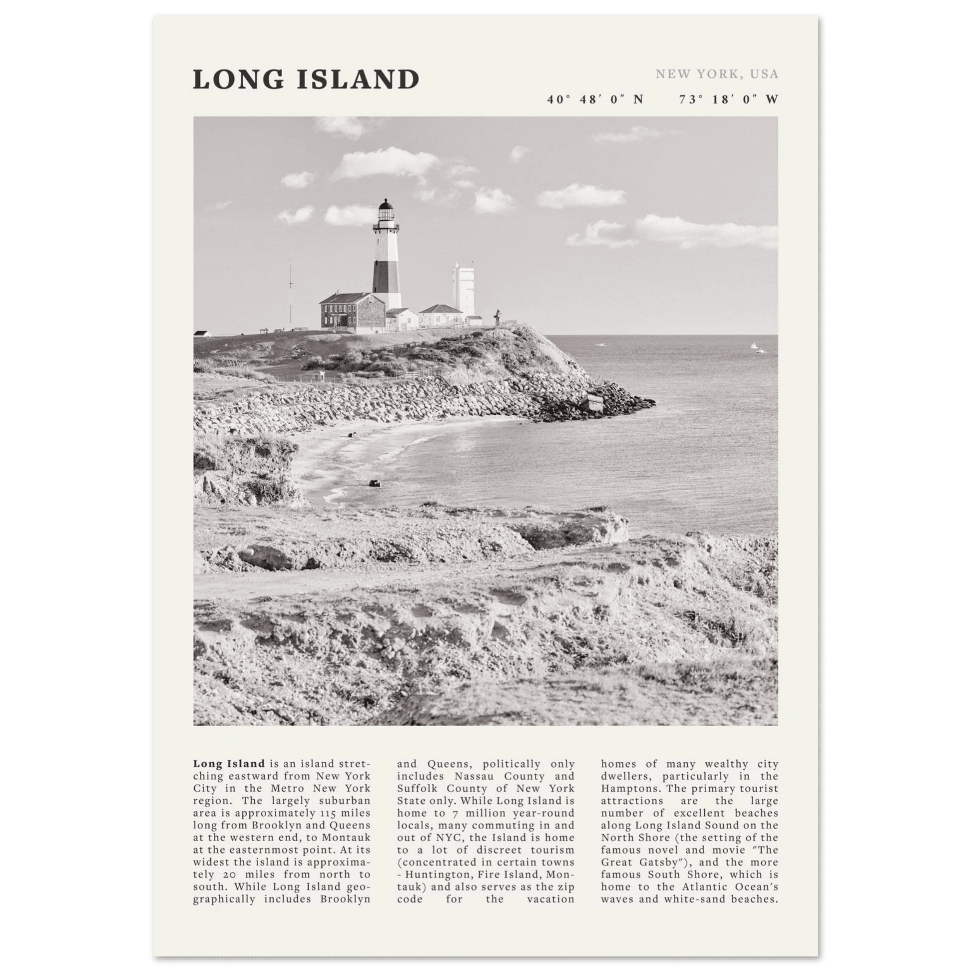 Long Island Poster | Black & White Montauk Lighthouse Wall Art | New York Print - Evergreen Posters