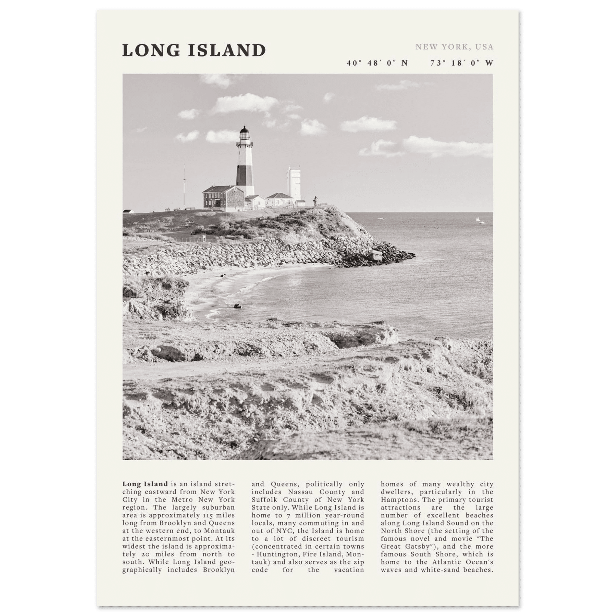 Long Island Poster | Black & White Montauk Lighthouse Wall Art | New York Print - Evergreen Posters