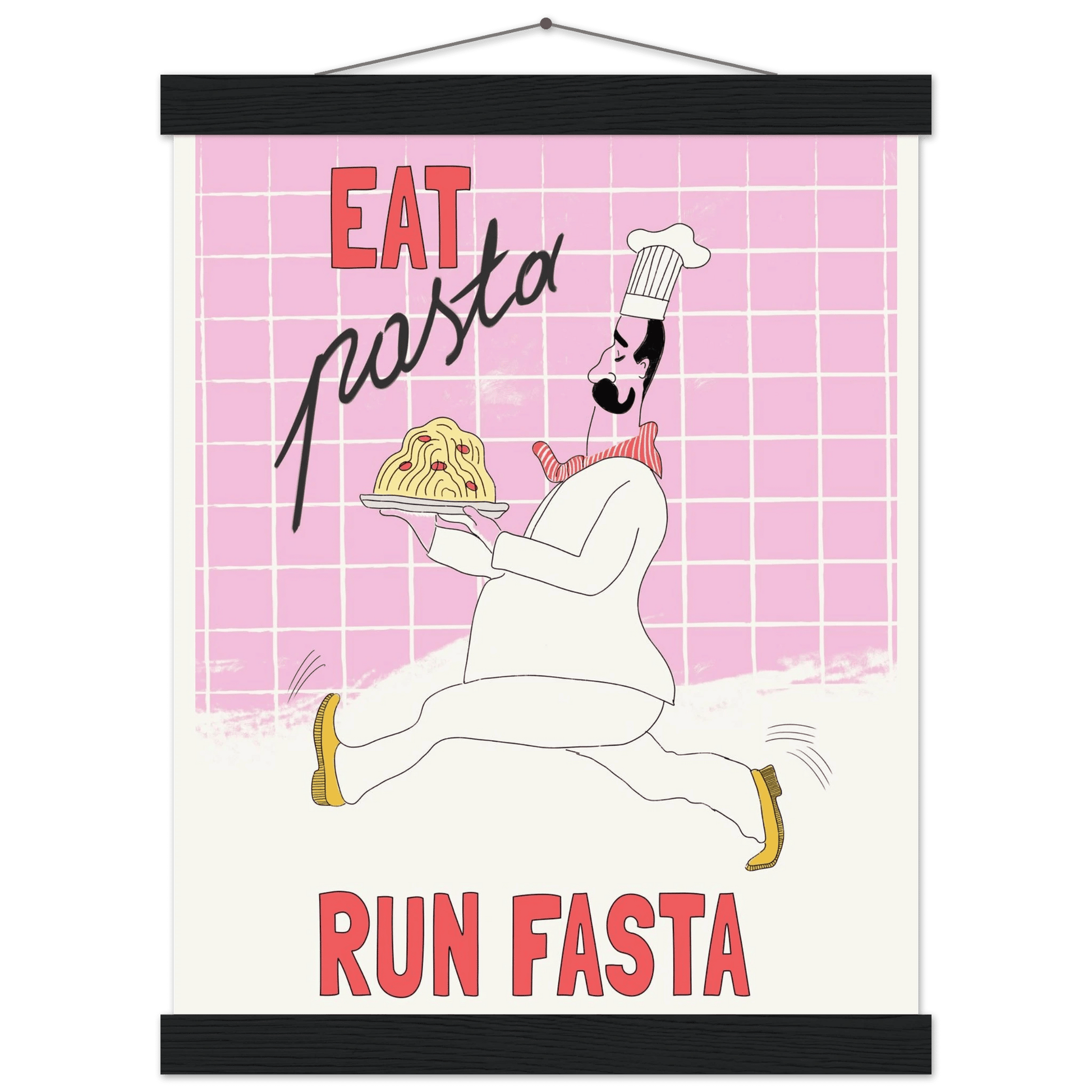 Eat Pasta Run Fasta Poster – Playful Kitchen Wall Art Print (Light Pink) - Evergreen Posters