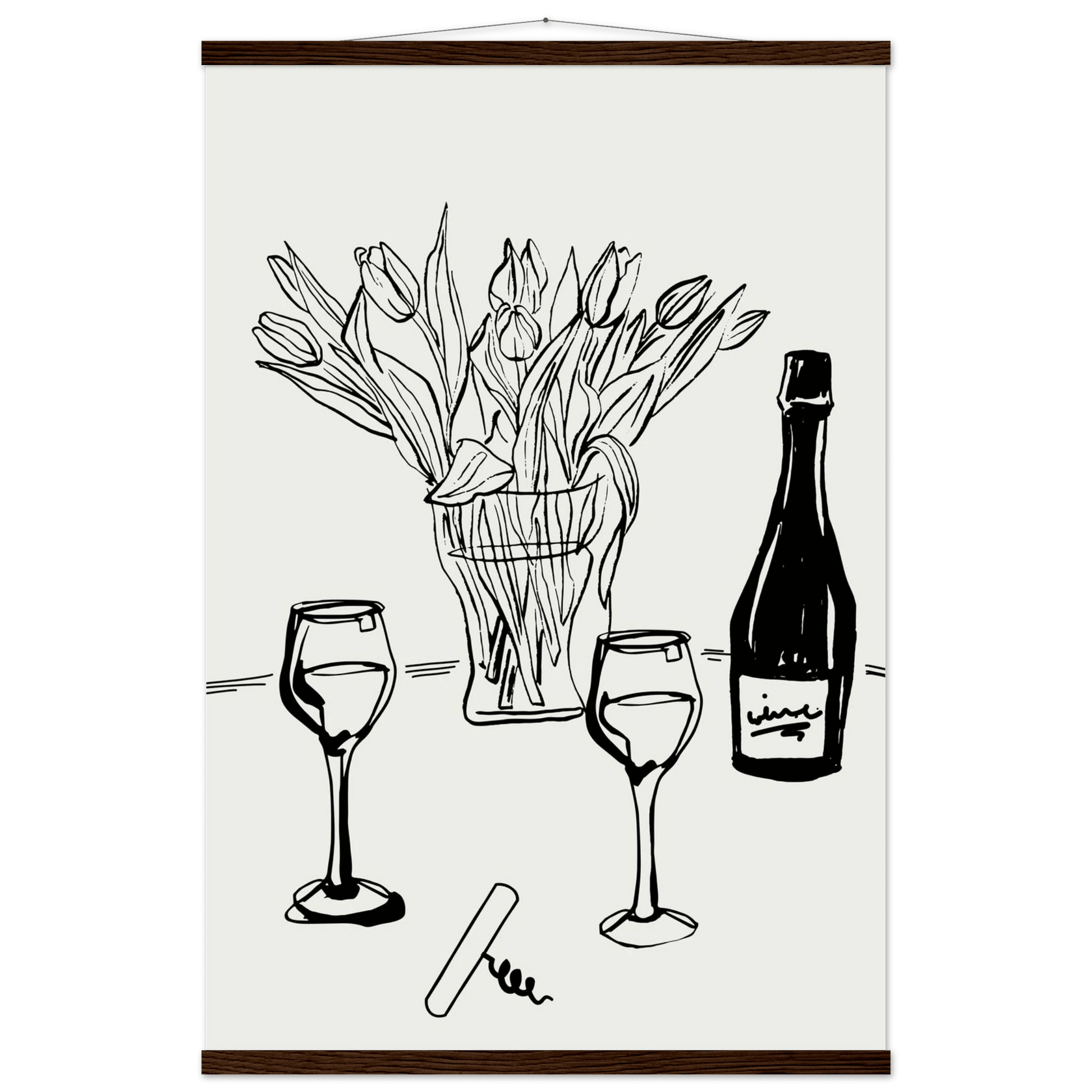 Wine & Tulips Print | Black Line Art Wine Bottle Wall Art | Minimalist Kitchen Poster - Evergreen Posters