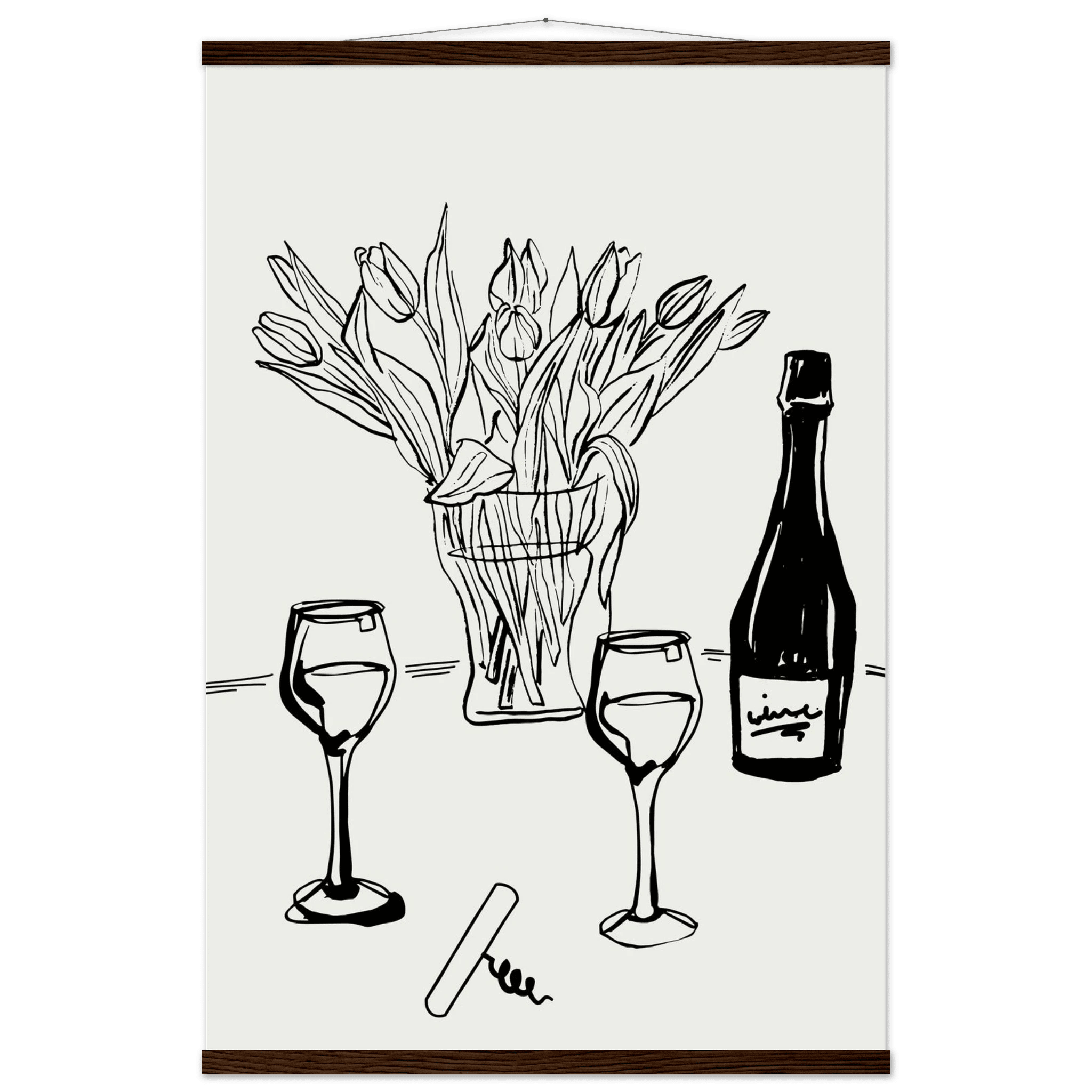 Wine & Tulips Print | Black Line Art Wine Bottle Wall Art | Minimalist Kitchen Poster - Evergreen Posters
