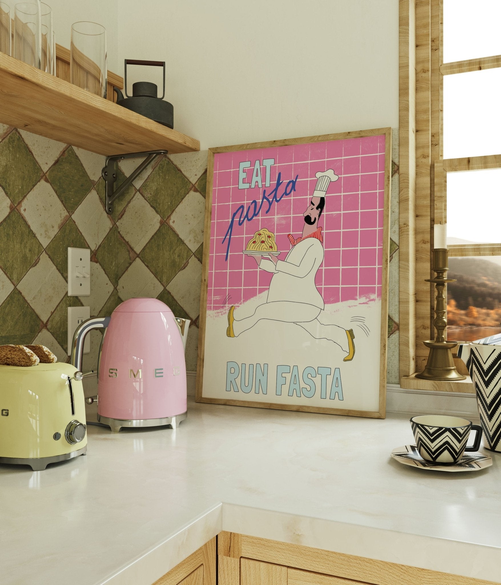 Eat Pasta Run Fasta Poster – Playful Kitchen Wall Art Print (Pink Edition) - Evergreen Posters