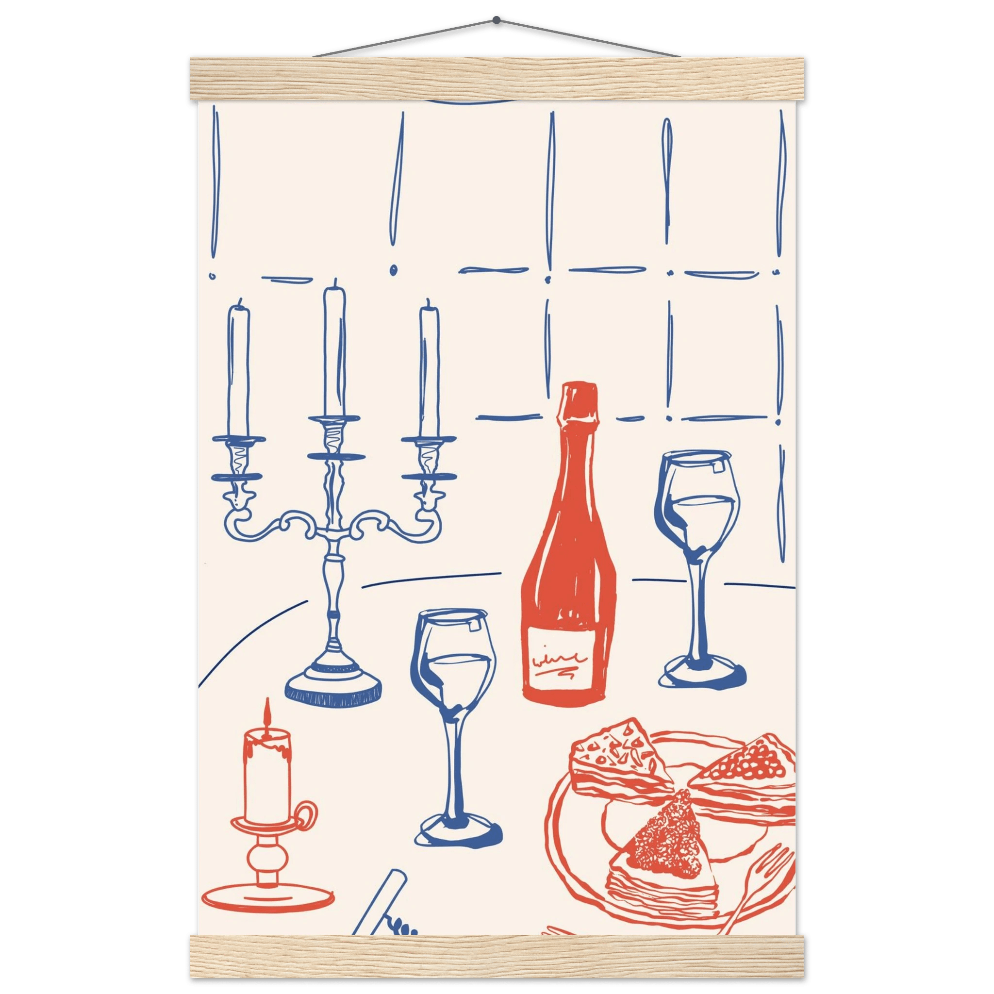 Candlelight Dinner Print | Wine & Candelabra Line Art Wall Art | Kitchen Poster - Evergreen Posters