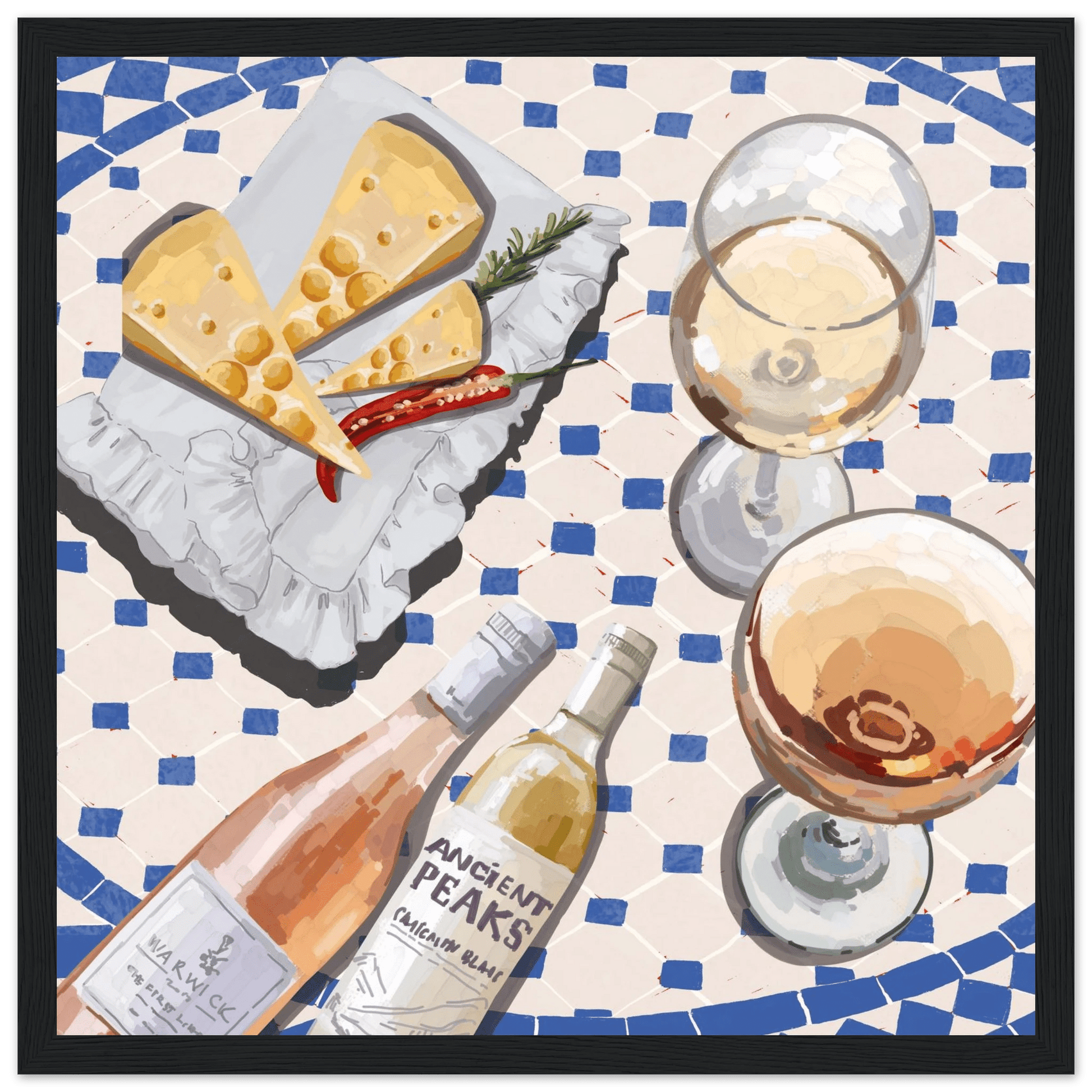 Wine & Cheese Poster | Food Wall Art | Blue Tile Square Kitchen Print - Evergreen Posters - 8