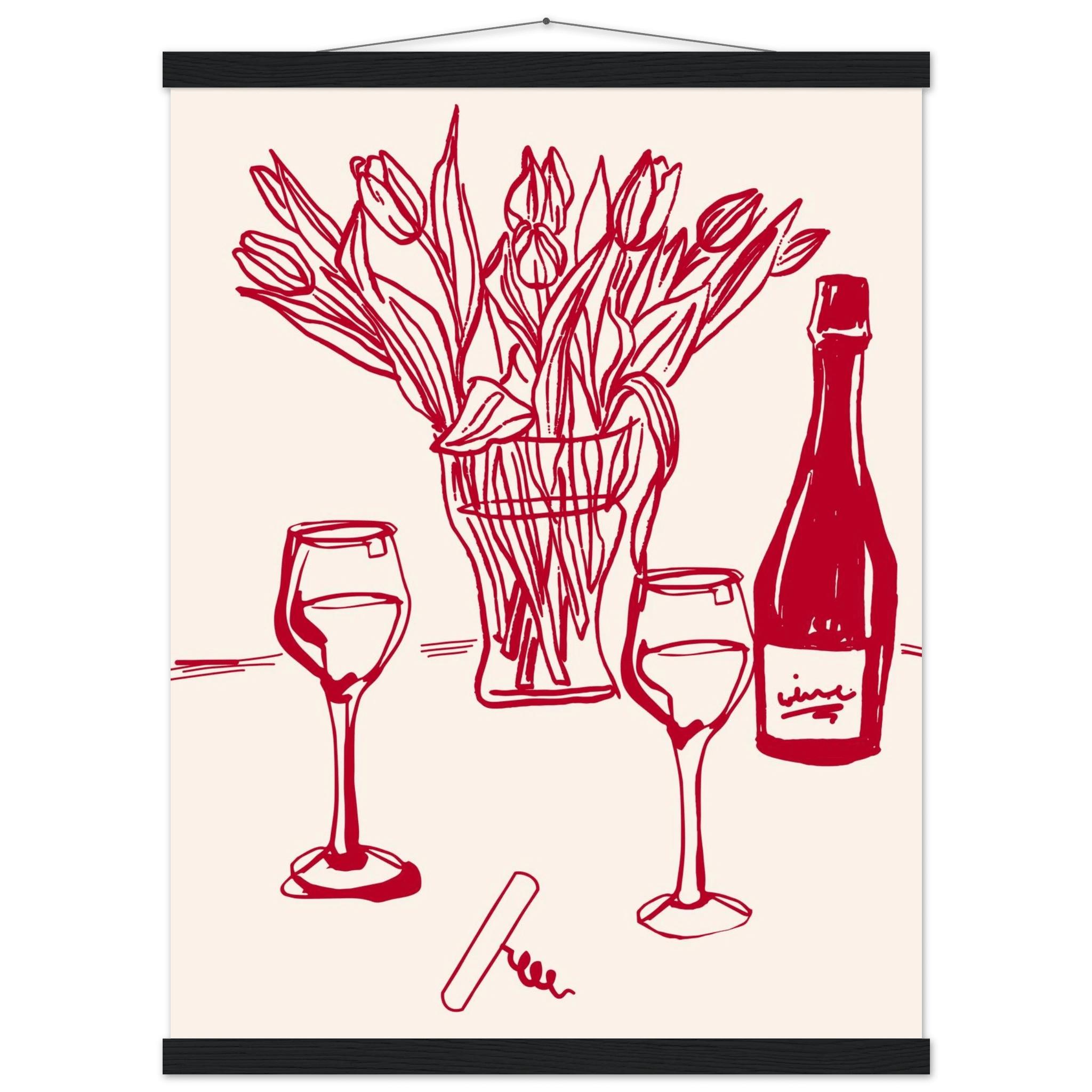 Red Wine & Tulips Print | Line Art Wine Bottle Wall Art | Kitchen Poster - Evergreen Posters