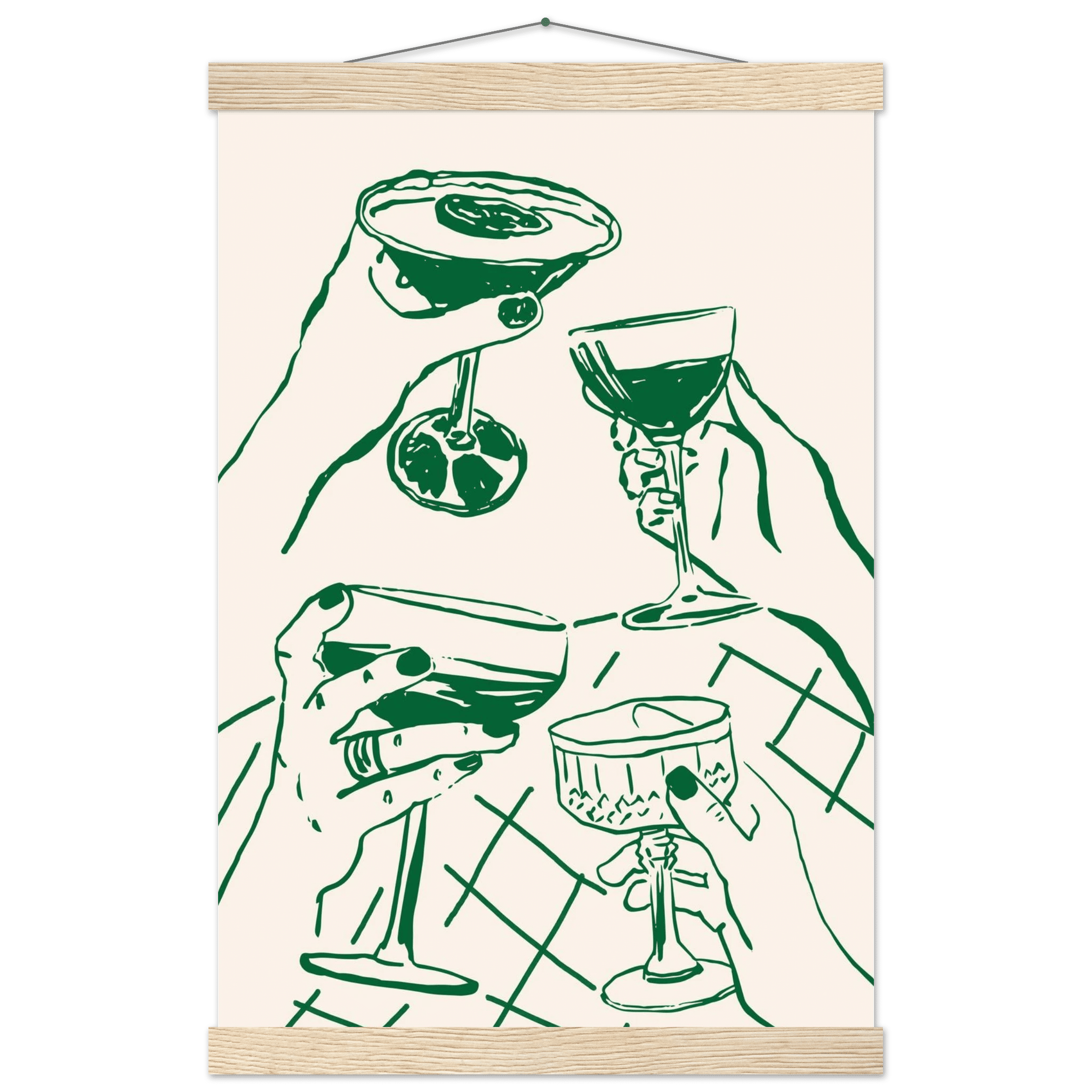 Cheers Print | Forest Green Cocktail Glasses Wall Art | Kitchen Bar Poster - Evergreen Posters