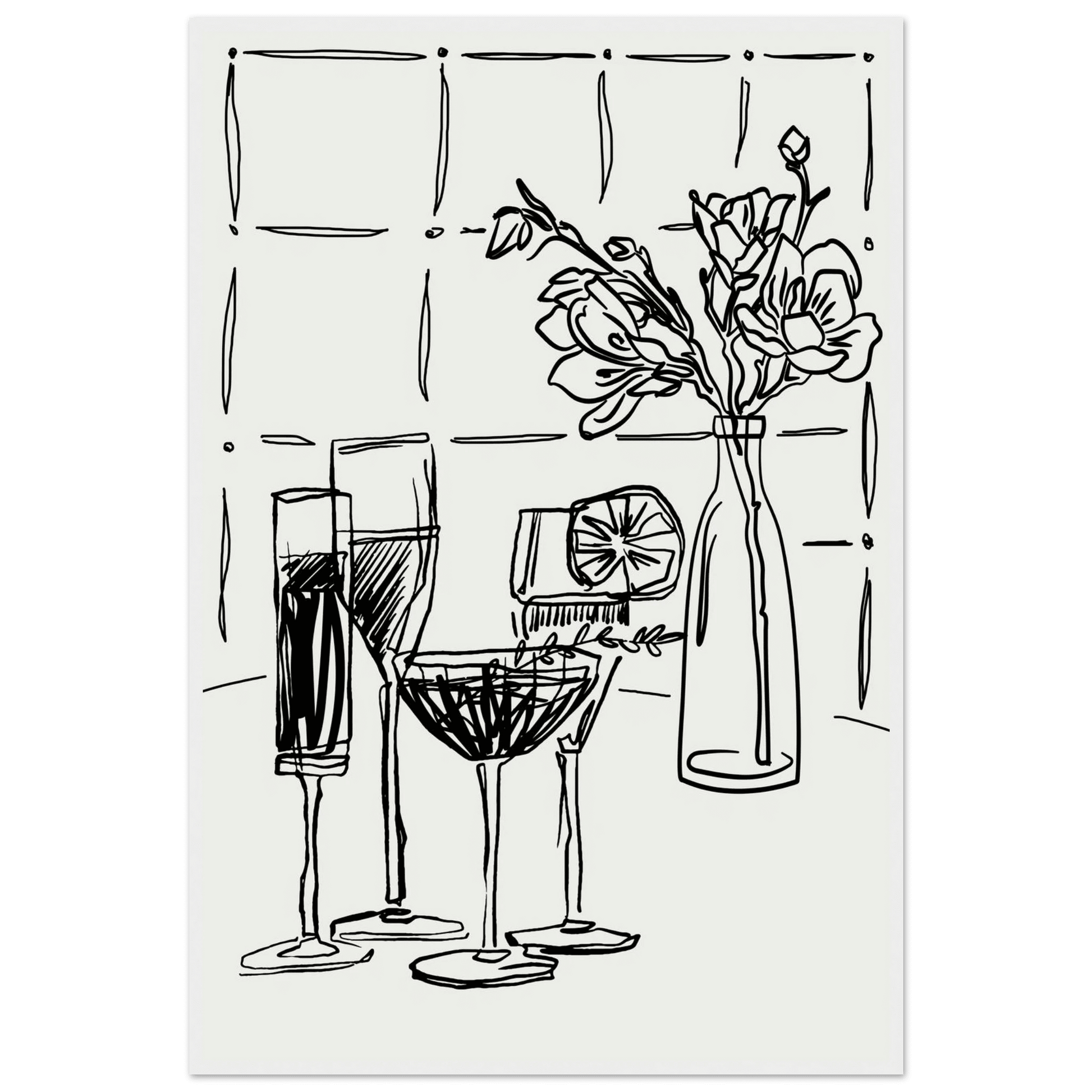 Cocktails & Flowers Print | Black Line Art Drinks Wall Art | Kitchen Bar Poster - Evergreen Posters