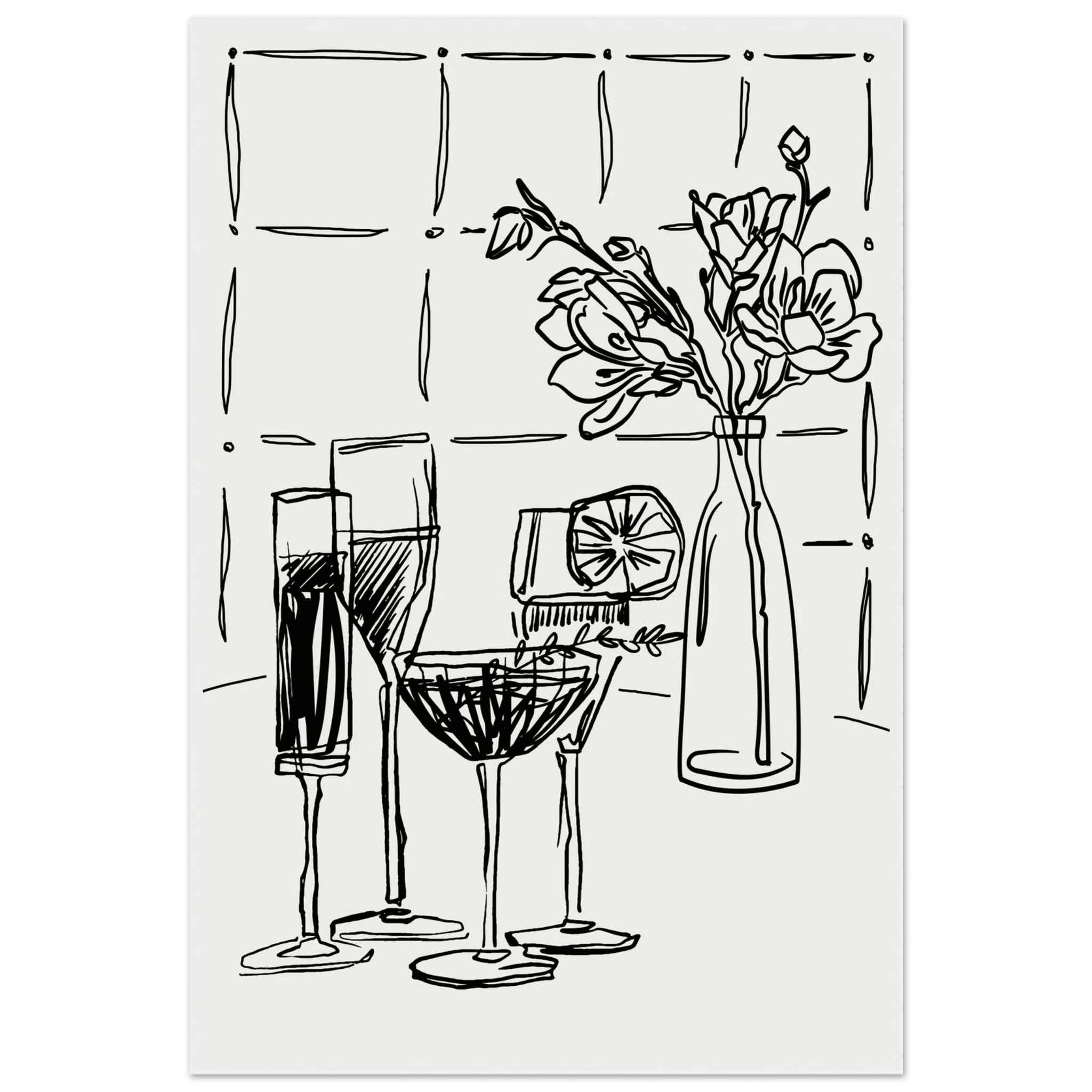 Cocktails & Flowers Print | Black Line Art Drinks Wall Art | Kitchen Bar Poster - Evergreen Posters